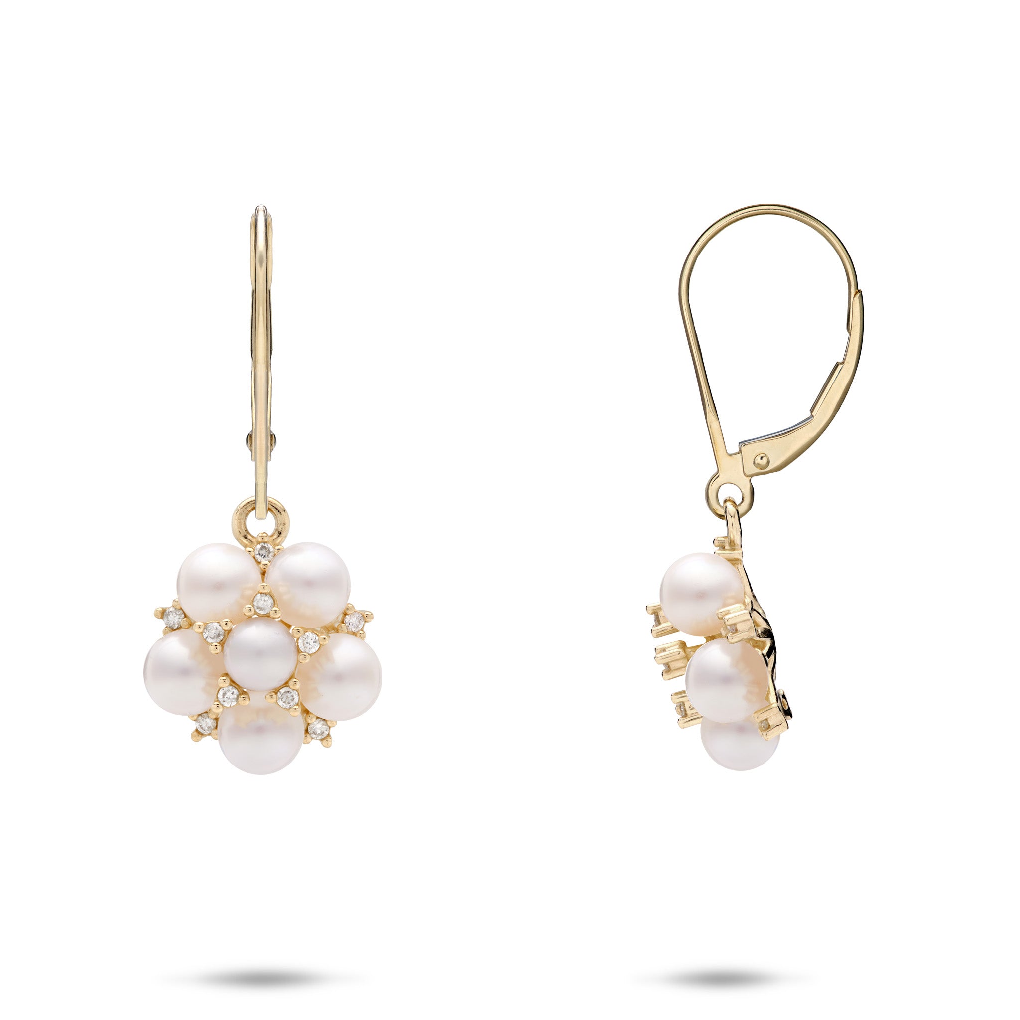 Bubble-inspired White Freshwater Pearl and Diamond Leverback Earrings in 14k Yellow Gold on a white background