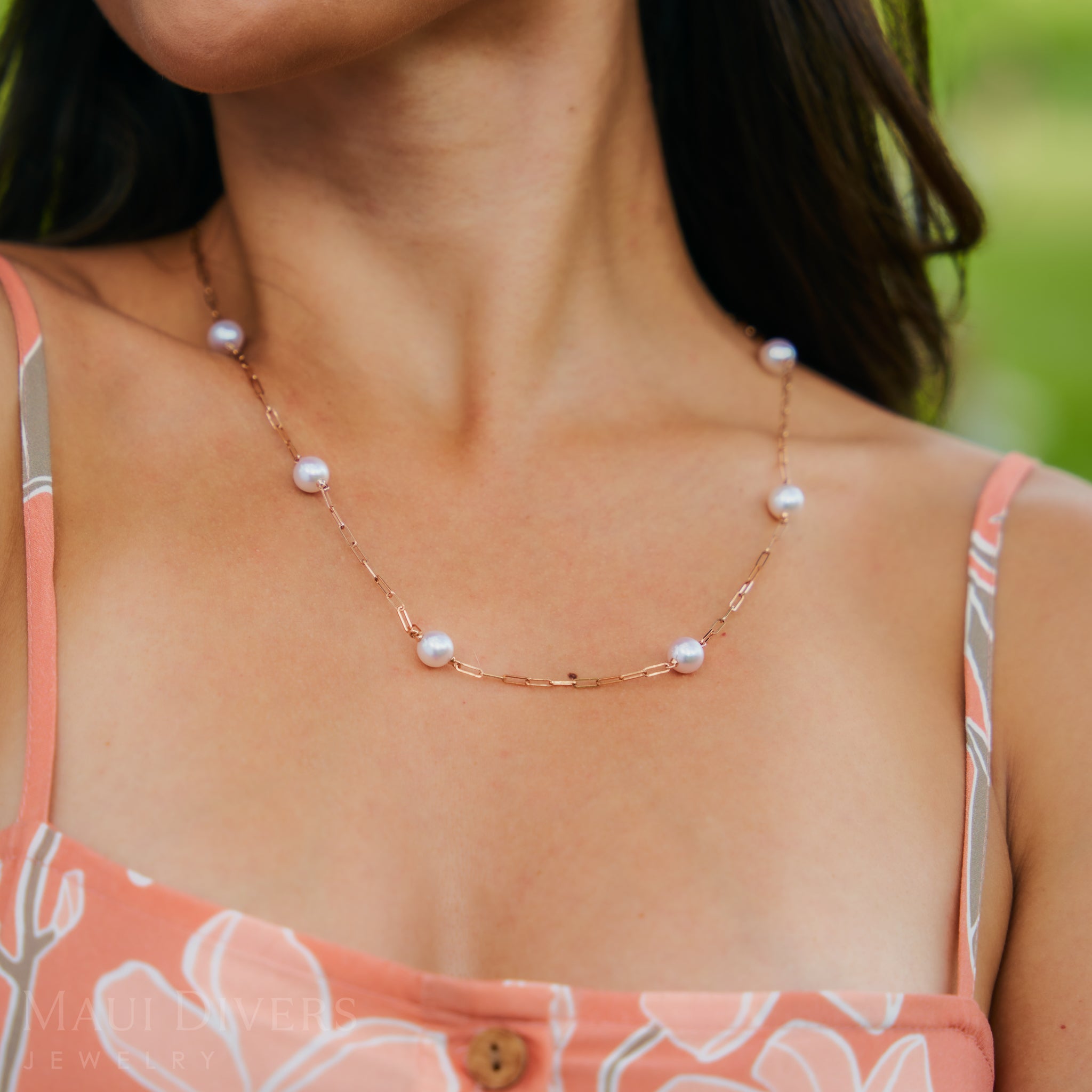 Adjustable 24" Akoya White Pearl Paperclip Chain Necklace in Rose Gold