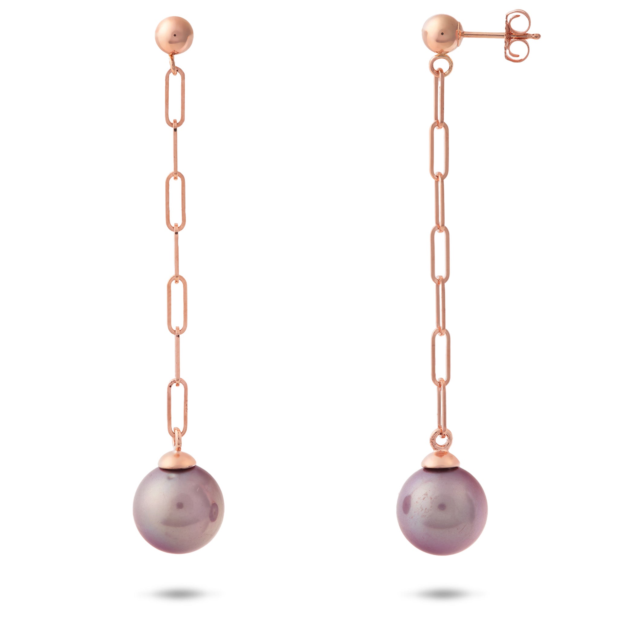 9-10mm Freshwater Ultraviolet Pearl Paperclip Chain Earrings in 14k Rose Gold
