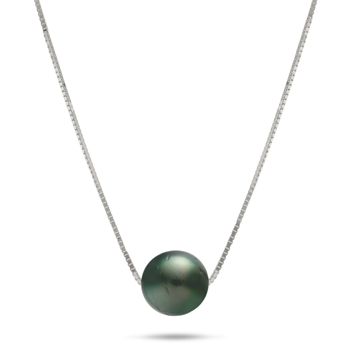 A 14k white gold box chain necklace with a sliding Tahitian black pearl, shown on a white background