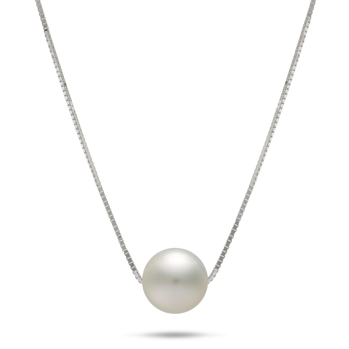 A 14k white gold necklace with a 0.8mm box chain and a sliding South Sea White Pearl, shown on a white background