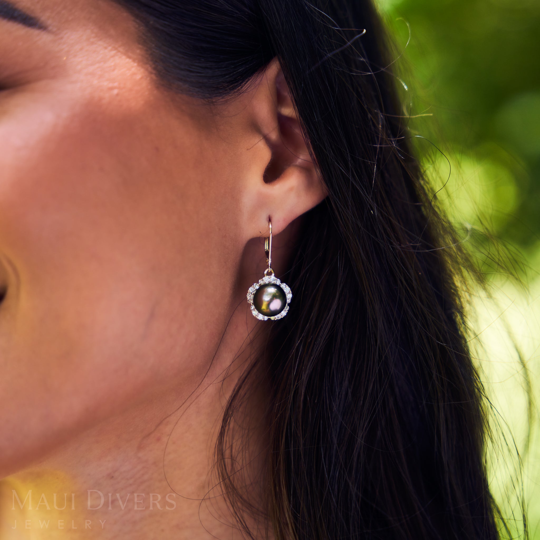Plumeria Tahitian Black Pearl Earrings in Gold with Diamonds - 9-10mm
