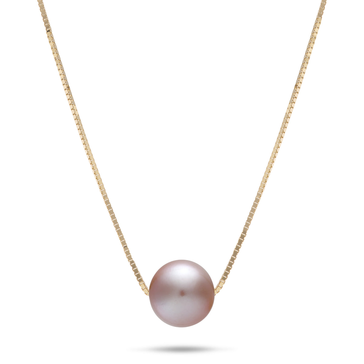 A 14k yellow gold necklace with a 0.8mm box chain and sliding lilac freshwater pearl, shown on a white background
