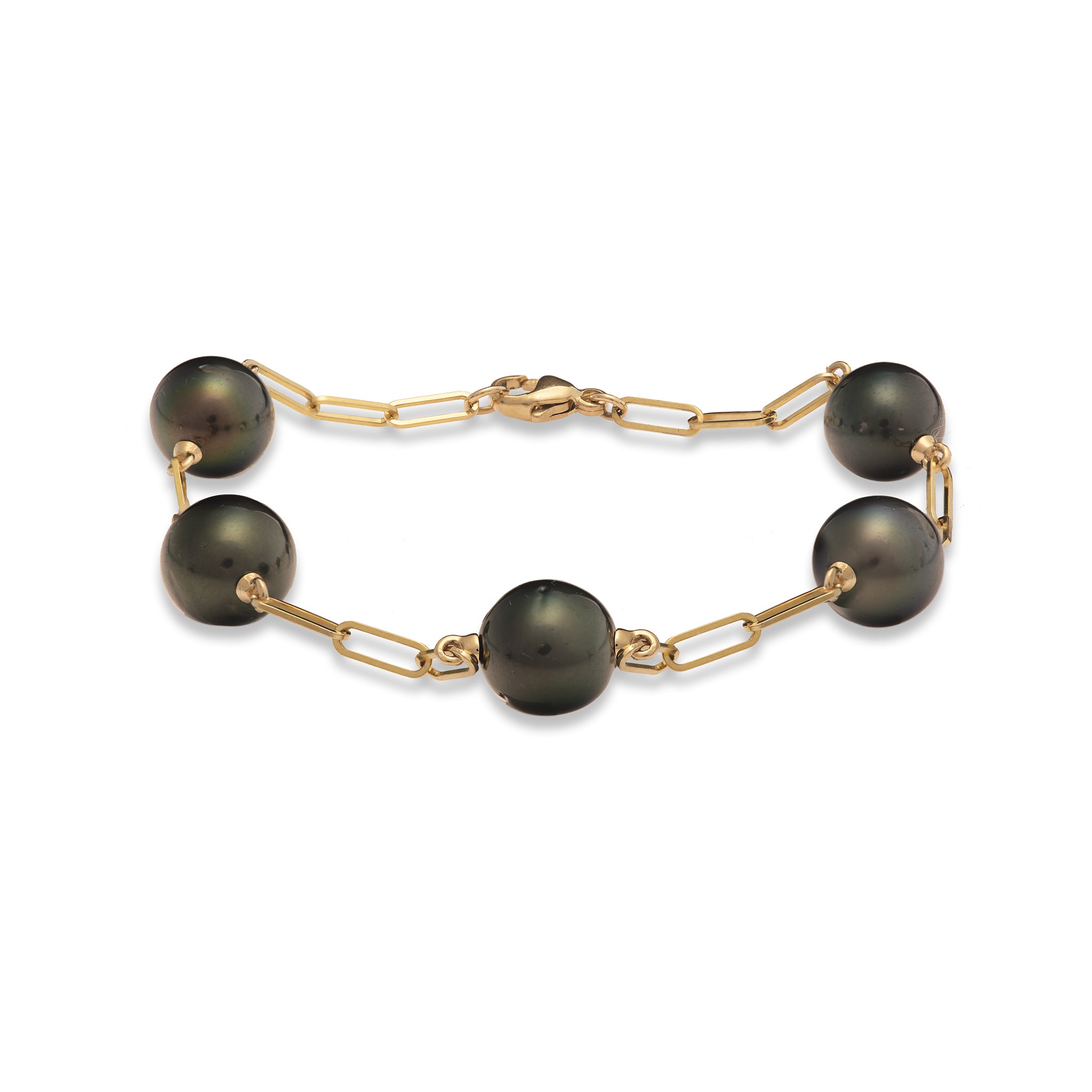 7.5-8" Paperclip Chain Tahitian Black Pearl Bracelet in Gold - 9-10mm