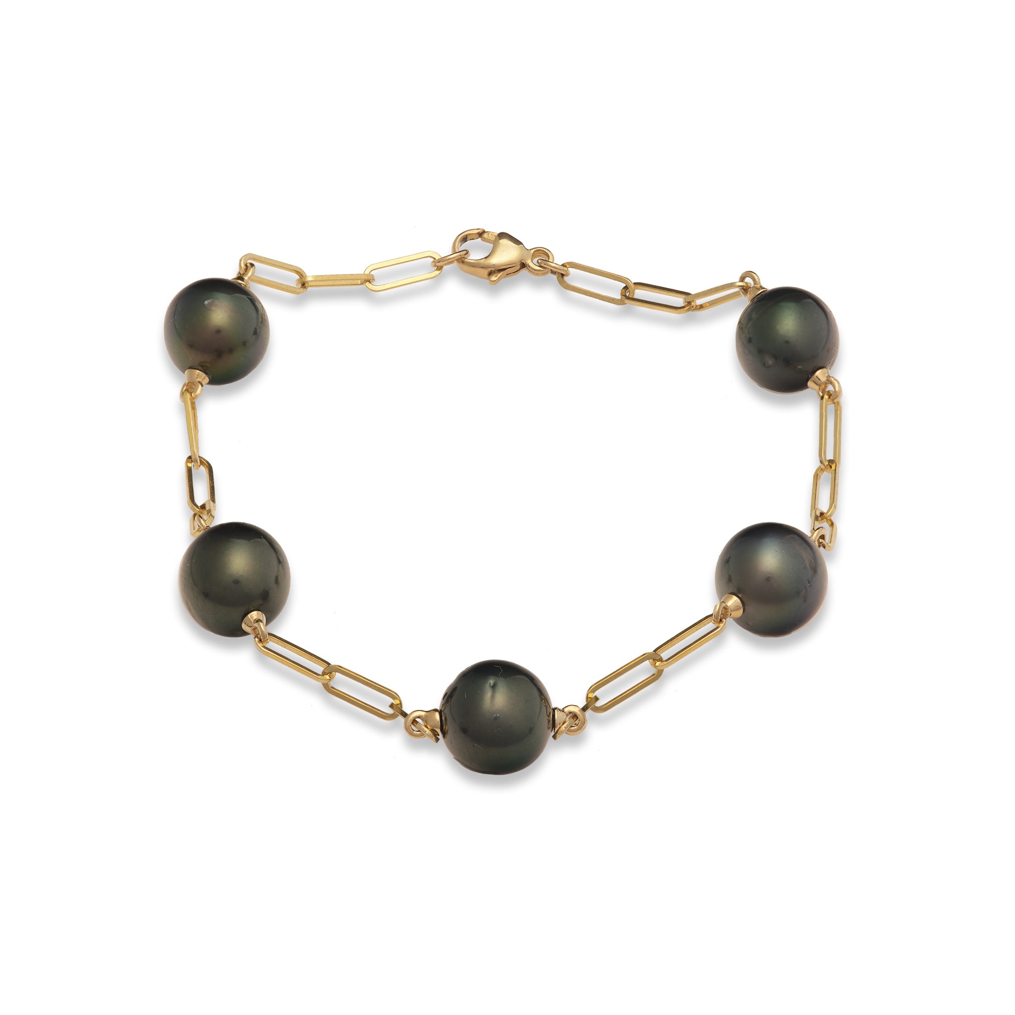 7.5-8" Paperclip Chain Tahitian Black Pearl Bracelet in Gold - 9-10mm