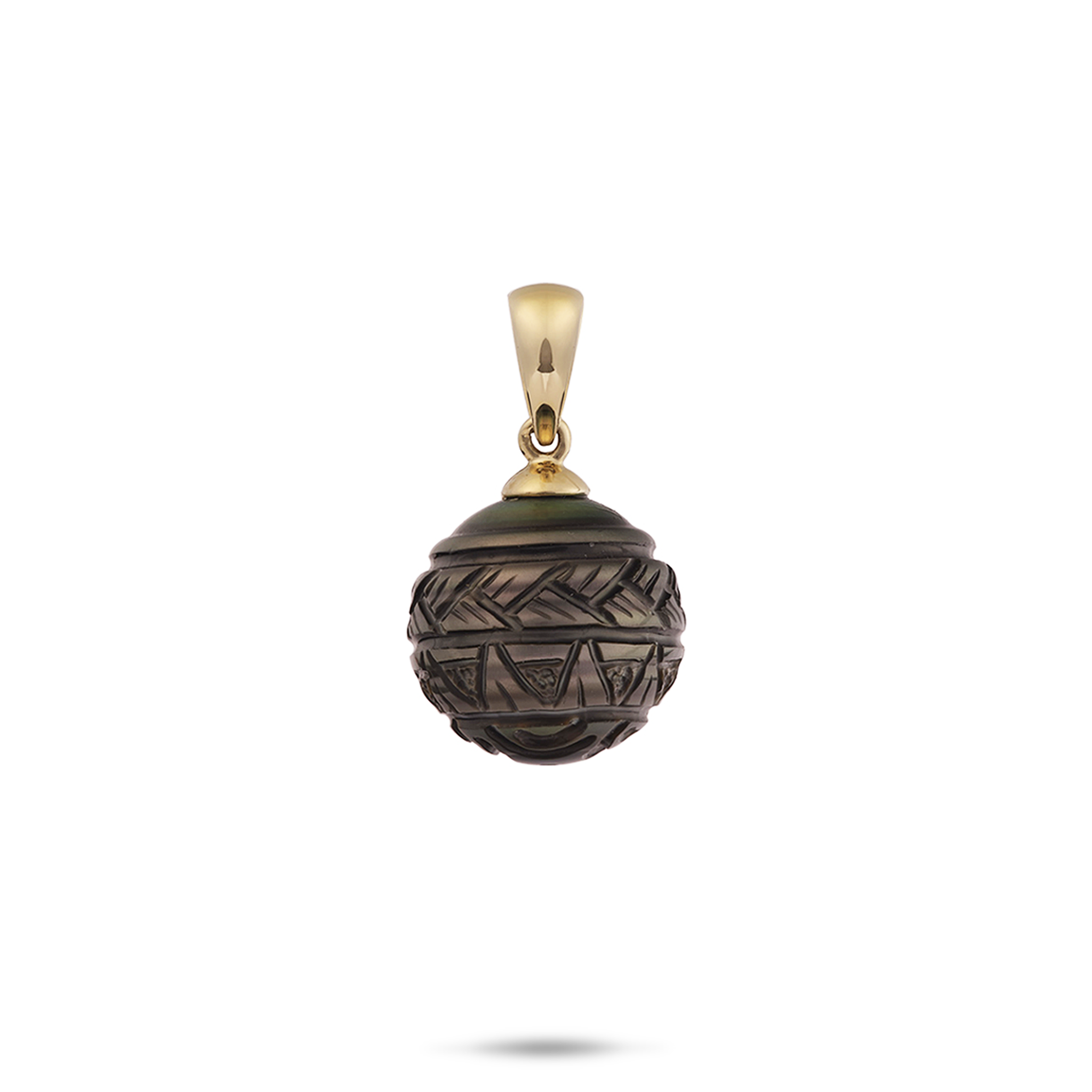 Carved Tahitian Black Pearl Pendant in Gold- 13-16mm