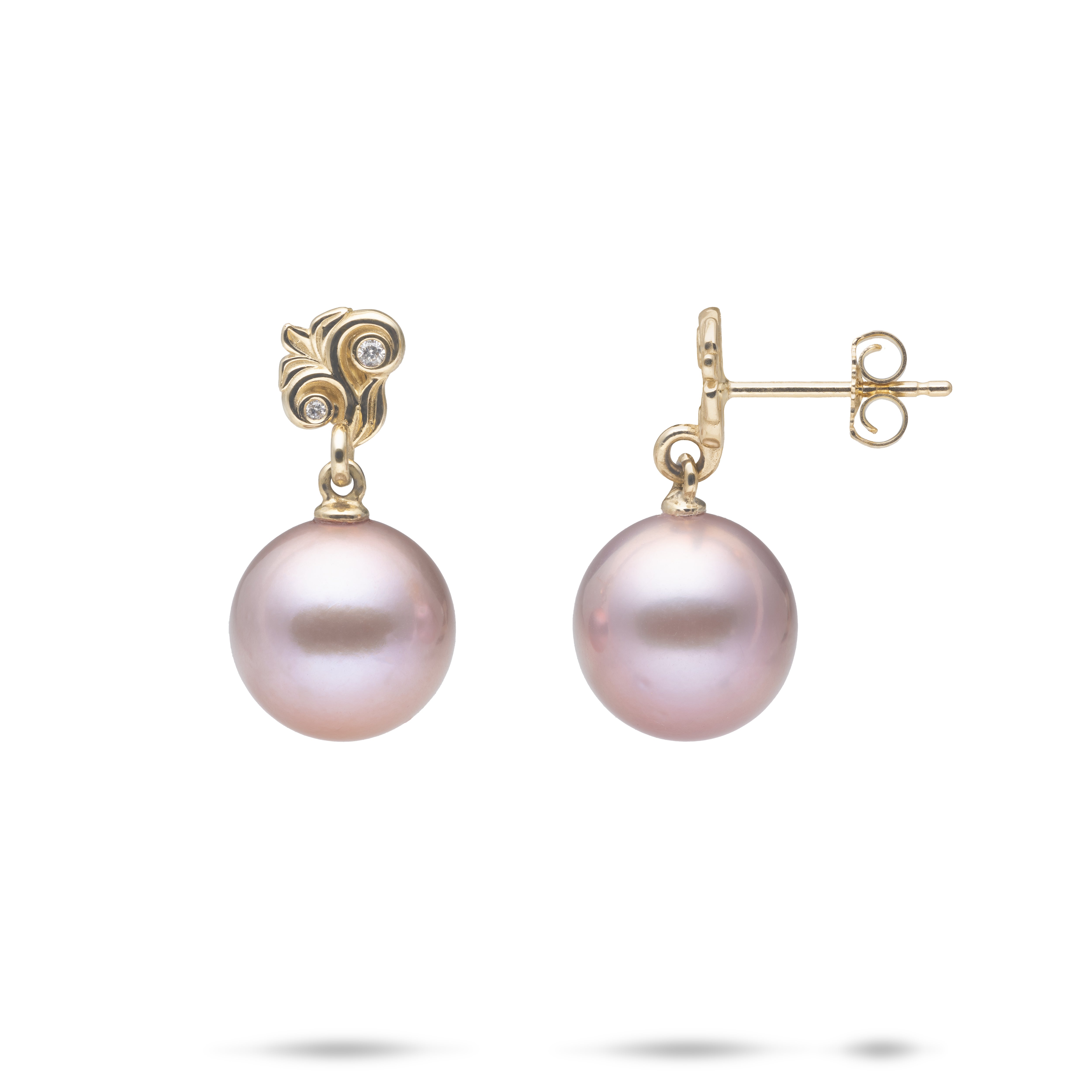 Living Heirloom Lilac Freshwater Pearl Earrings in Gold with Diamonds - 10-11mm