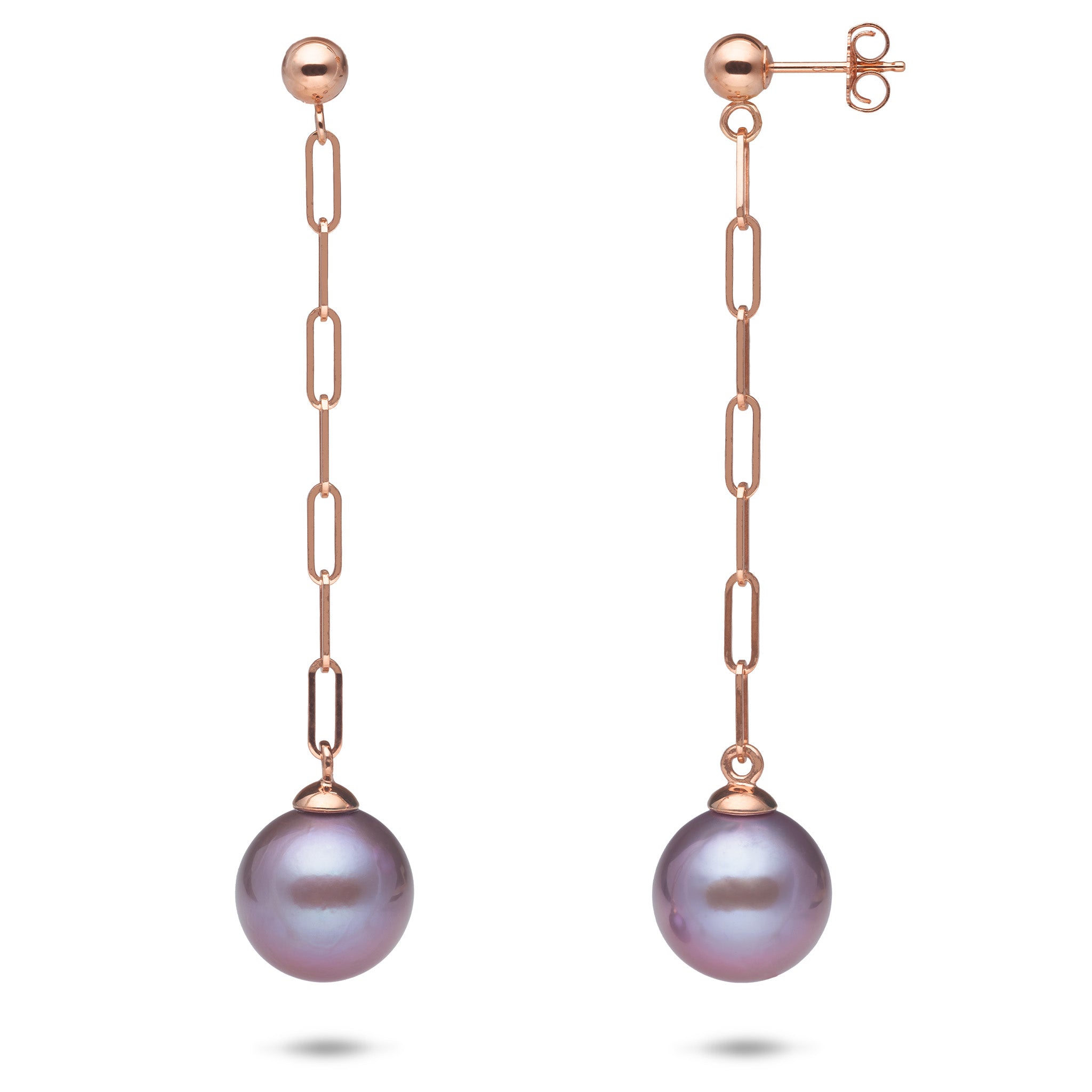 10-11mm Freshwater Ultraviolet Pearl Paperclip Chain Earrings in 14k Rose Gold