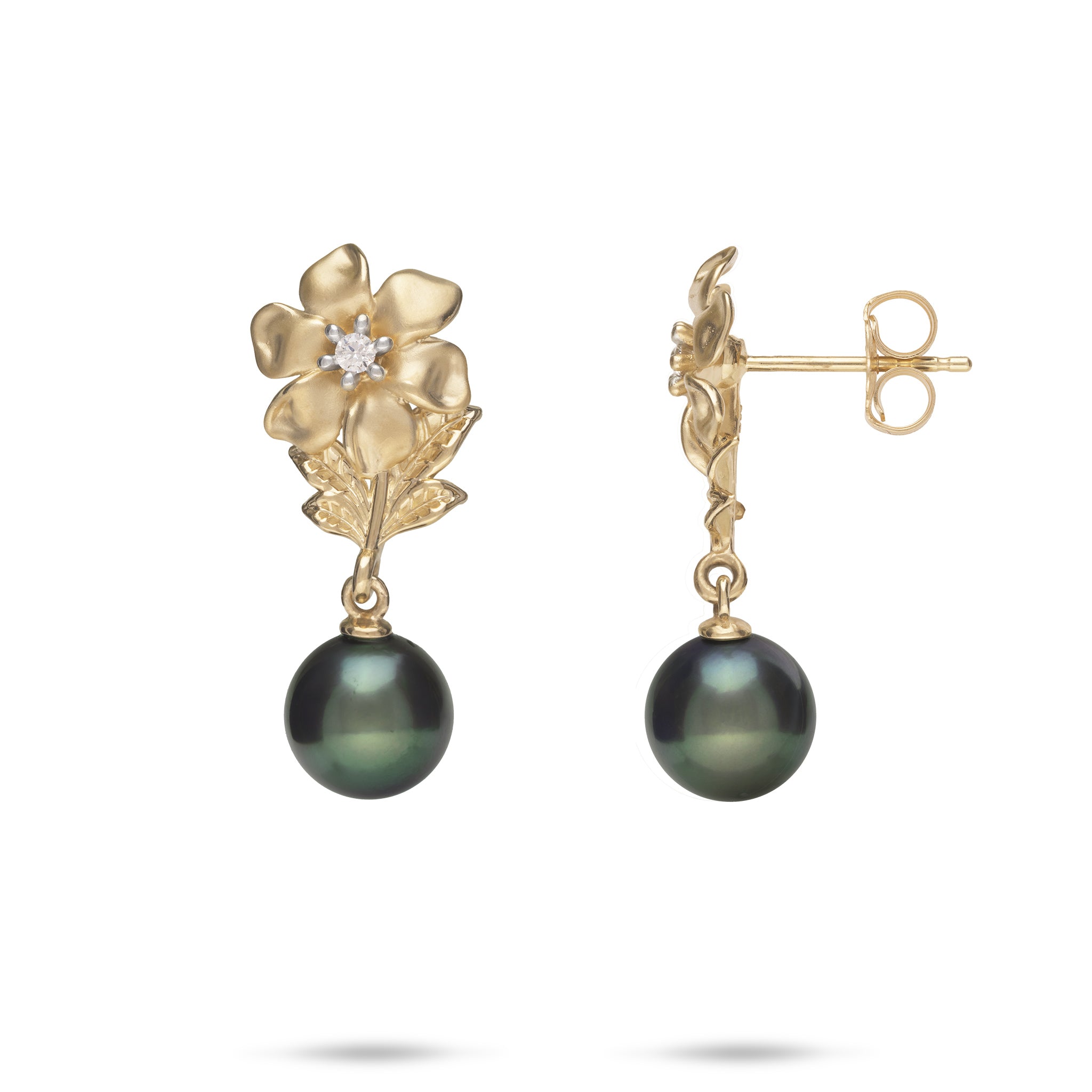 Nāʻū Tahitian Black Pearl Earrings in Gold with Diamonds - 8-9mm