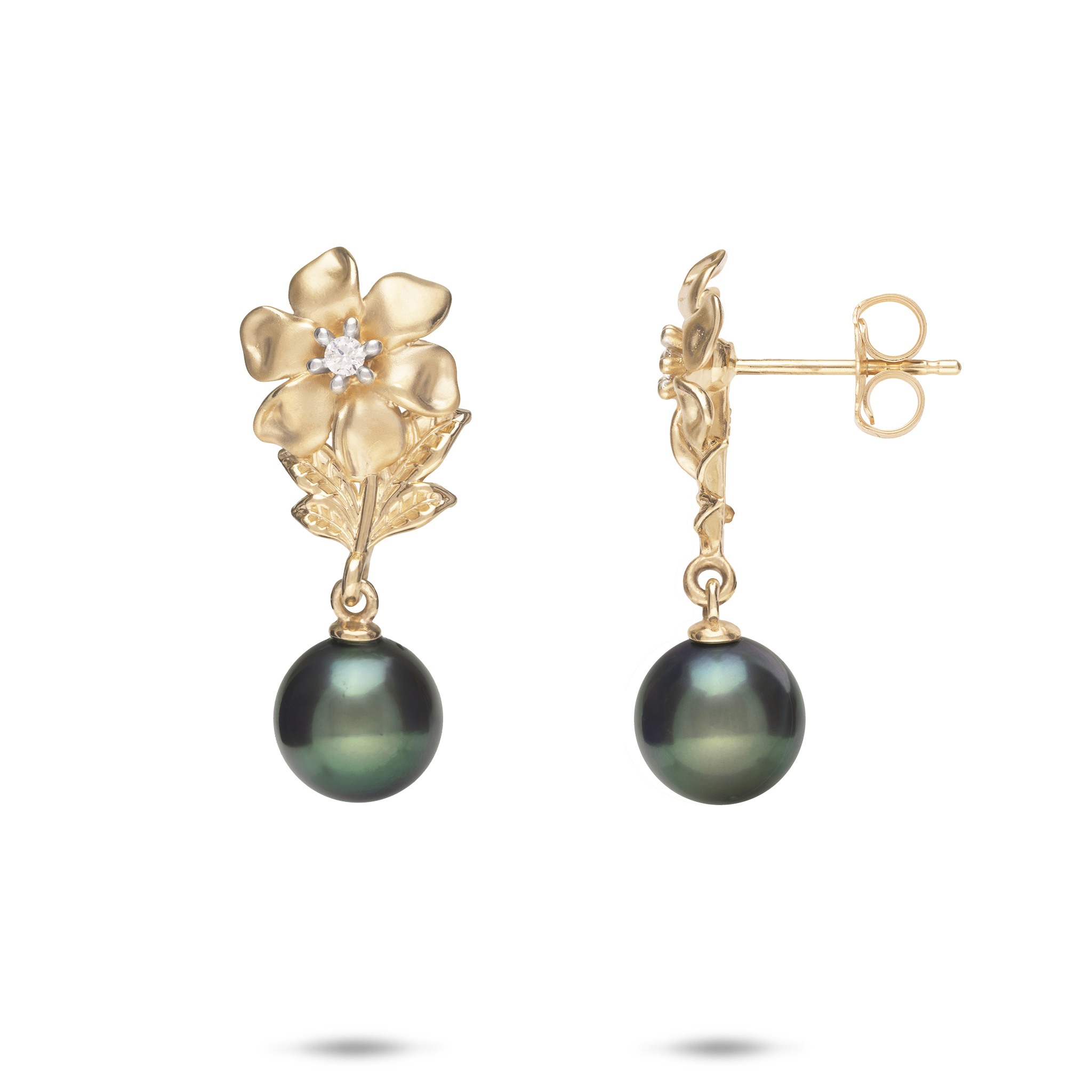 Nāʻū Tahitian Black Pearl Earrings in Gold with Diamonds - 8-9mm