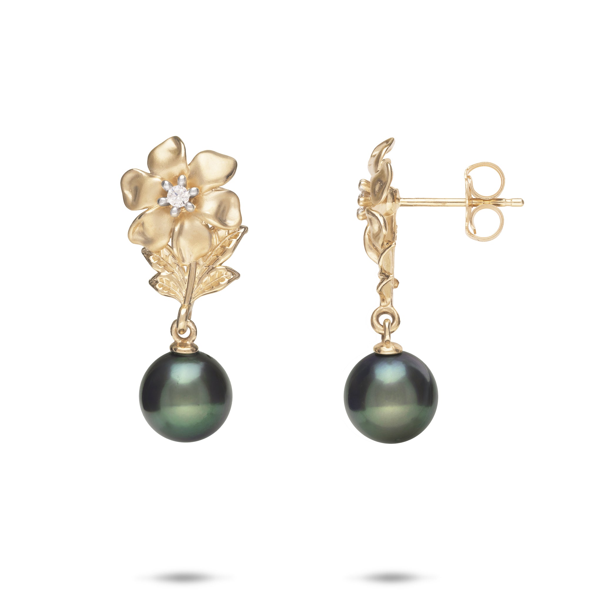 Nāʻū Tahitian Black Pearl Earrings in Gold with Diamonds - 8-9mm