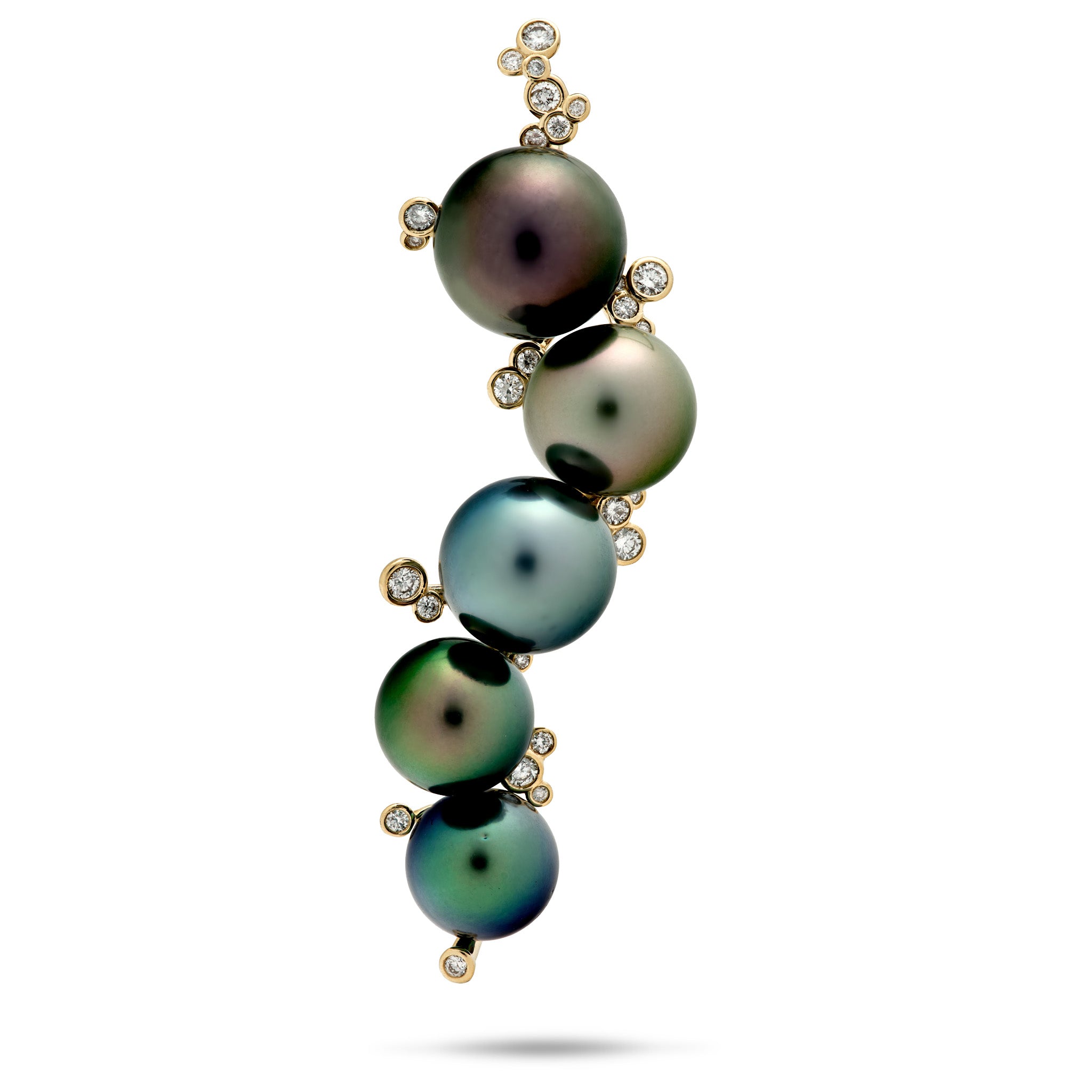 A vertical, wavy 14k gold pendant featuring five varying sizes of Tahitian black pearls with iridescent dark green and blue-black overtones, each accented with small bubbling-like diamonds, set against a plain white background.