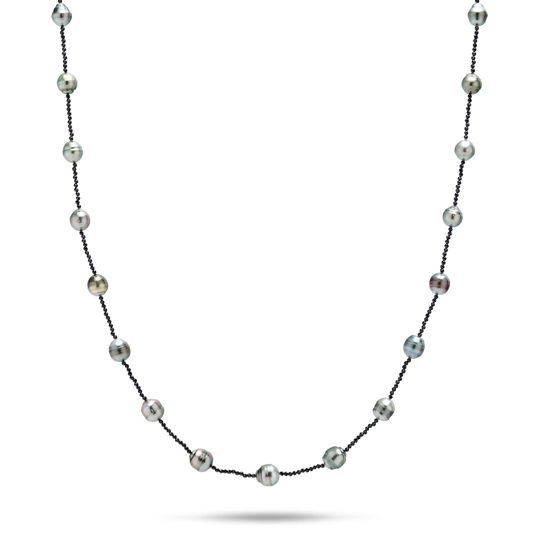 30-31" Tahitian Black Pearl Necklace with Black Spinel on a white background