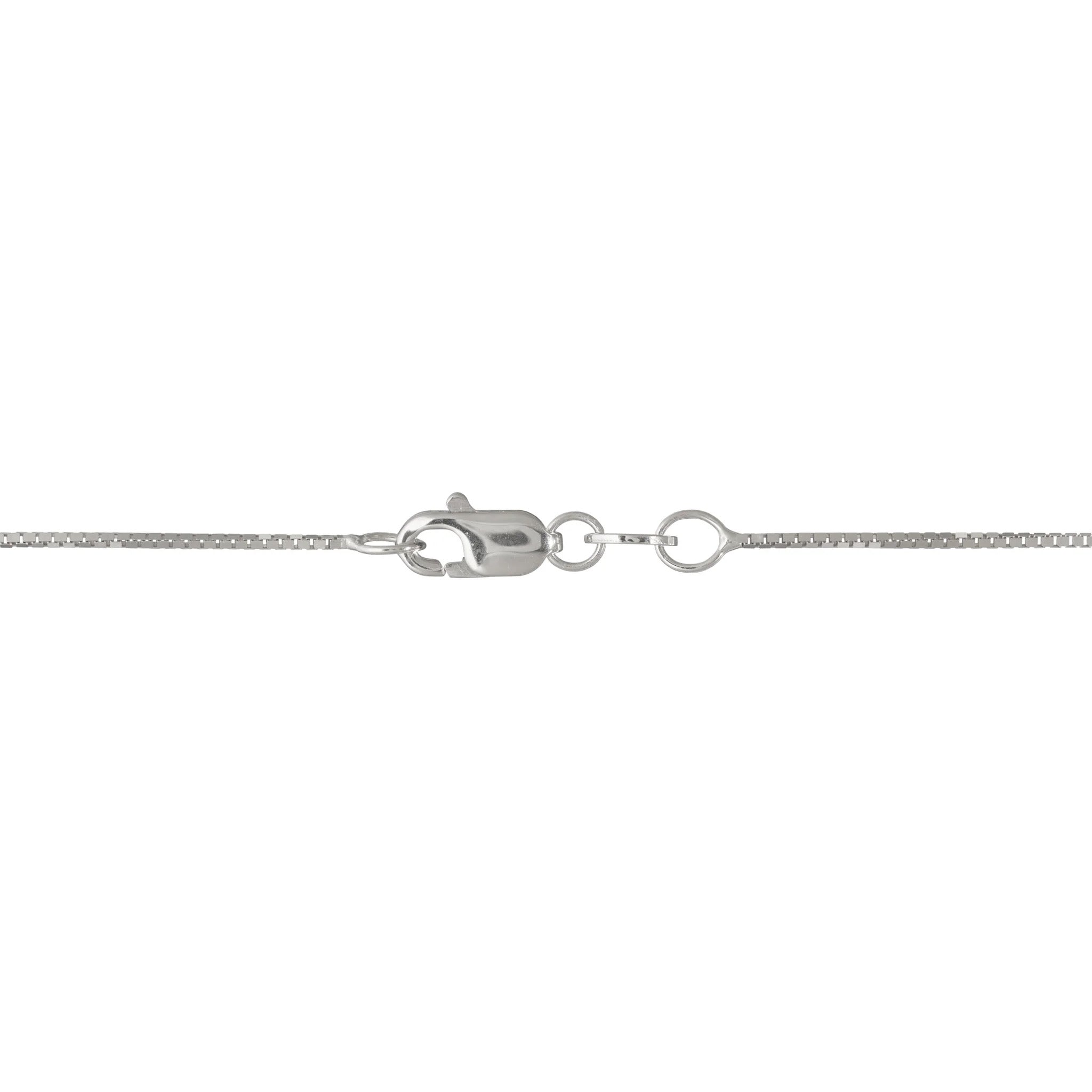Detail shot of a 0.8mm box chain and a lobster claw clasp in 14k white gold