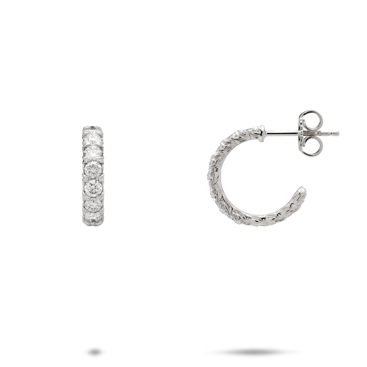 A pair of 14k white gold hoop earrings on a white background, one shown from the front with seven round lab grown diamonds and the other from the side showing the detail of the maile leaf prongs with post back.