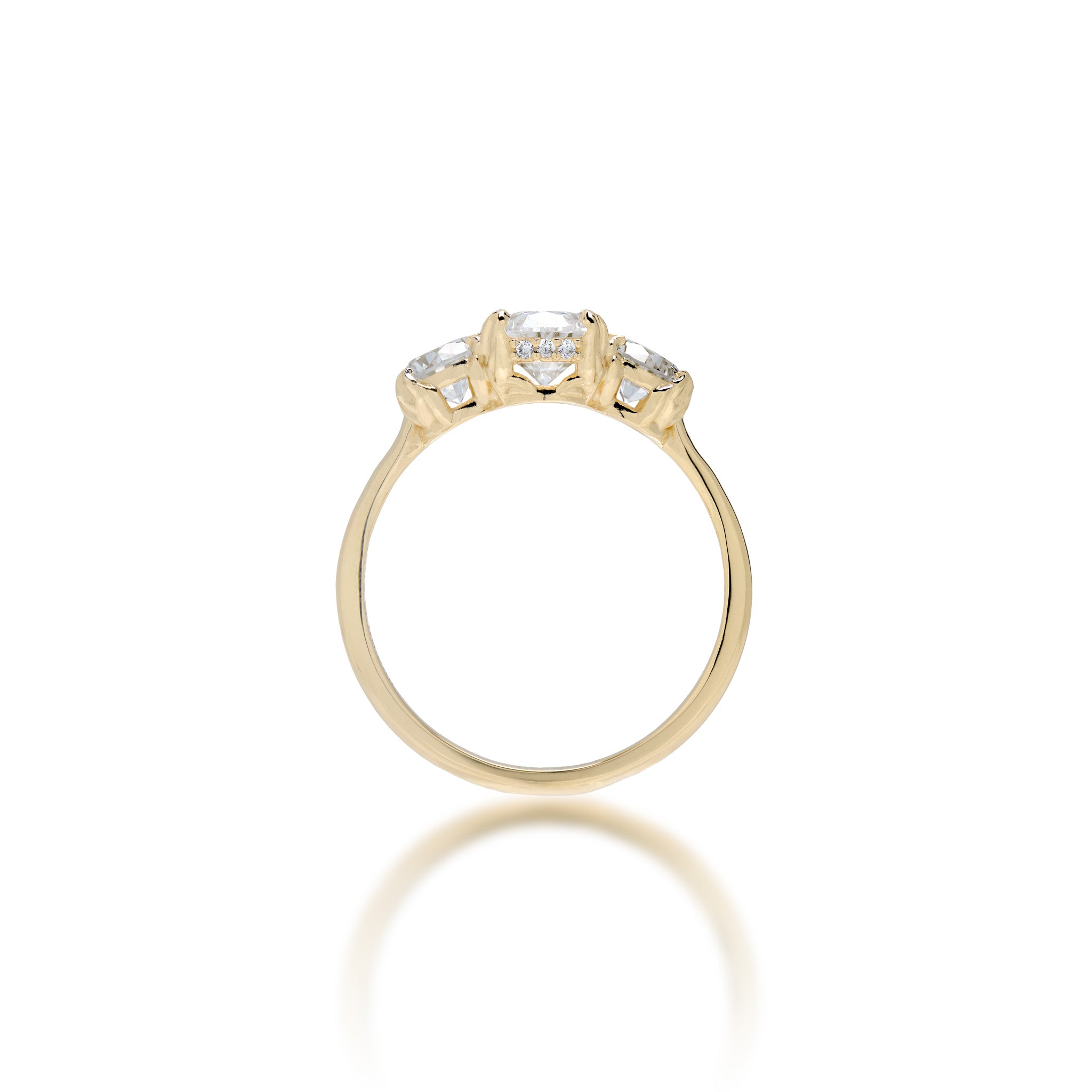Side view of the Hidden Hawaiʻi Maile Three Stone Lab Grown Diamond Ring in 14k Yellow Gold