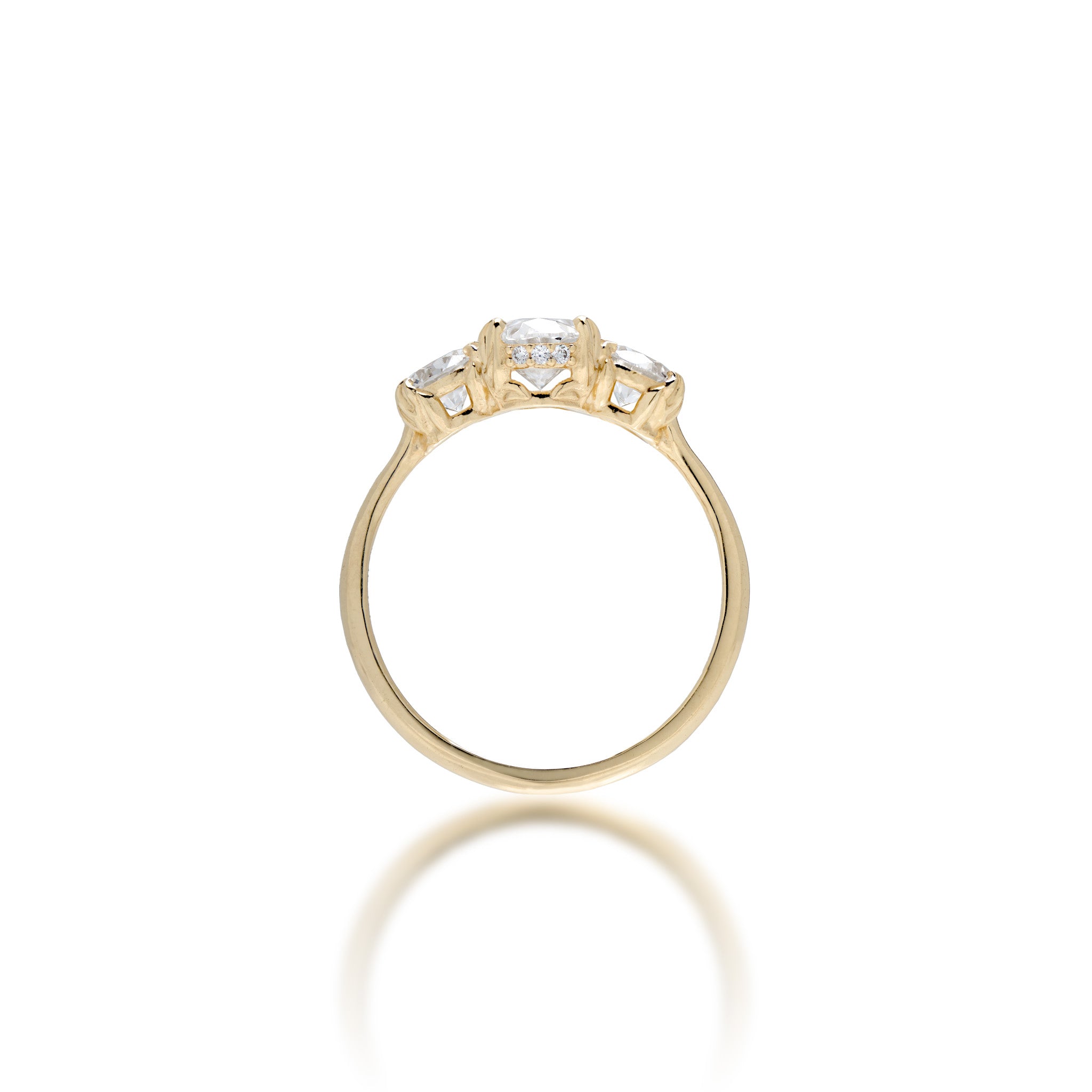 Side view of the Hidden Hawaiʻi Maile Three Stone Lab Grown Diamond Ring in 14k Yellow Gold