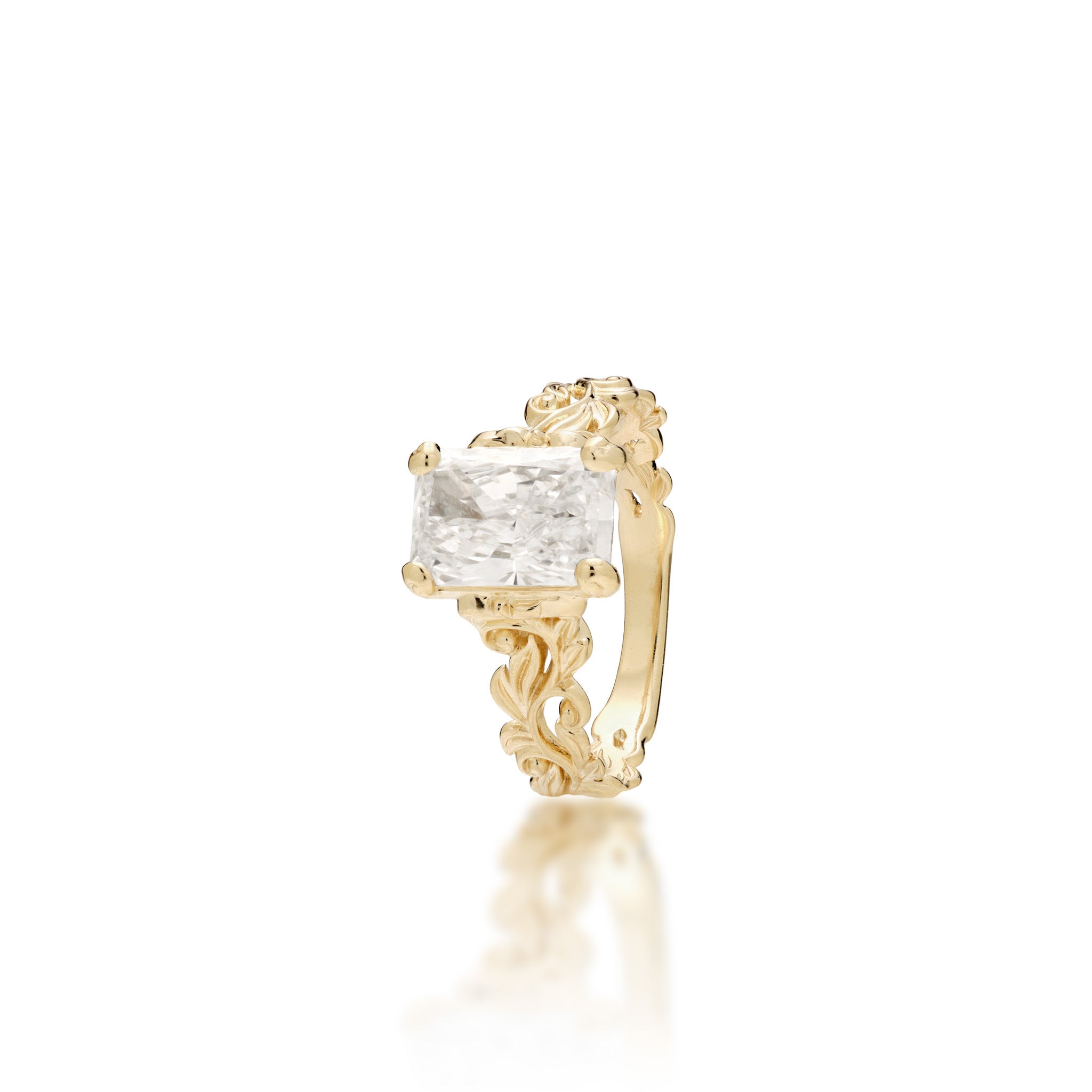 Living Heirloom Solitaire Lab Grown Diamond Engagement Ring in 14k Yellow Gold against a white background