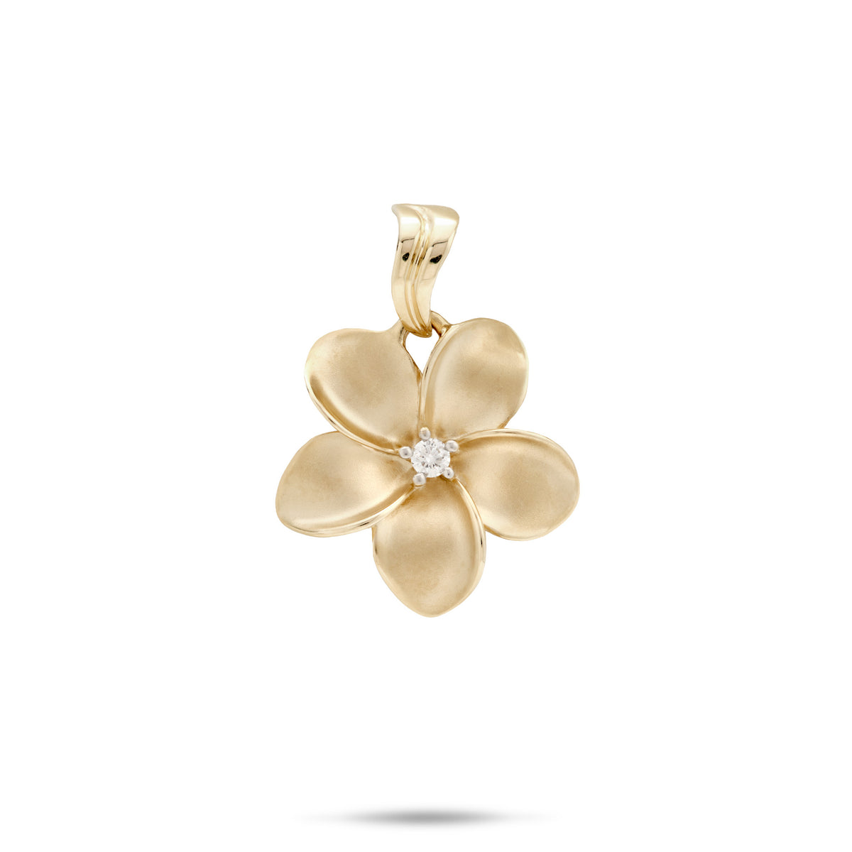 An 18mm 14k yellow gold Plumeria flower pendant with five petals, a diamond at the center,  and a wavy high-polish bail, shown on a plain white background.