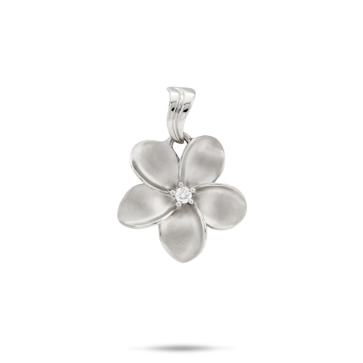An 18mm 14k White Gold Plumeria Pendant with five petals and a diamond at the center and a wavy high-polish bail against a white background