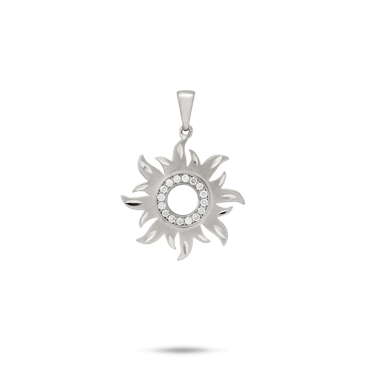 A 17mm Sun Pendant in 14k white gold with a satin finish, accented high polish diamond cuts, and a ring of diamonds in the center against a white background.