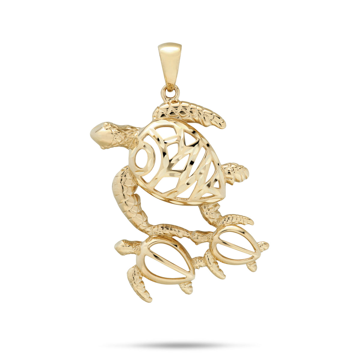 A 14k yellow gold pendant featuring a parent turtle with two baby turtles, cut out design that spells ʻOhana on the larger turtle accented with sparkling diamond cuts, against a white background. 