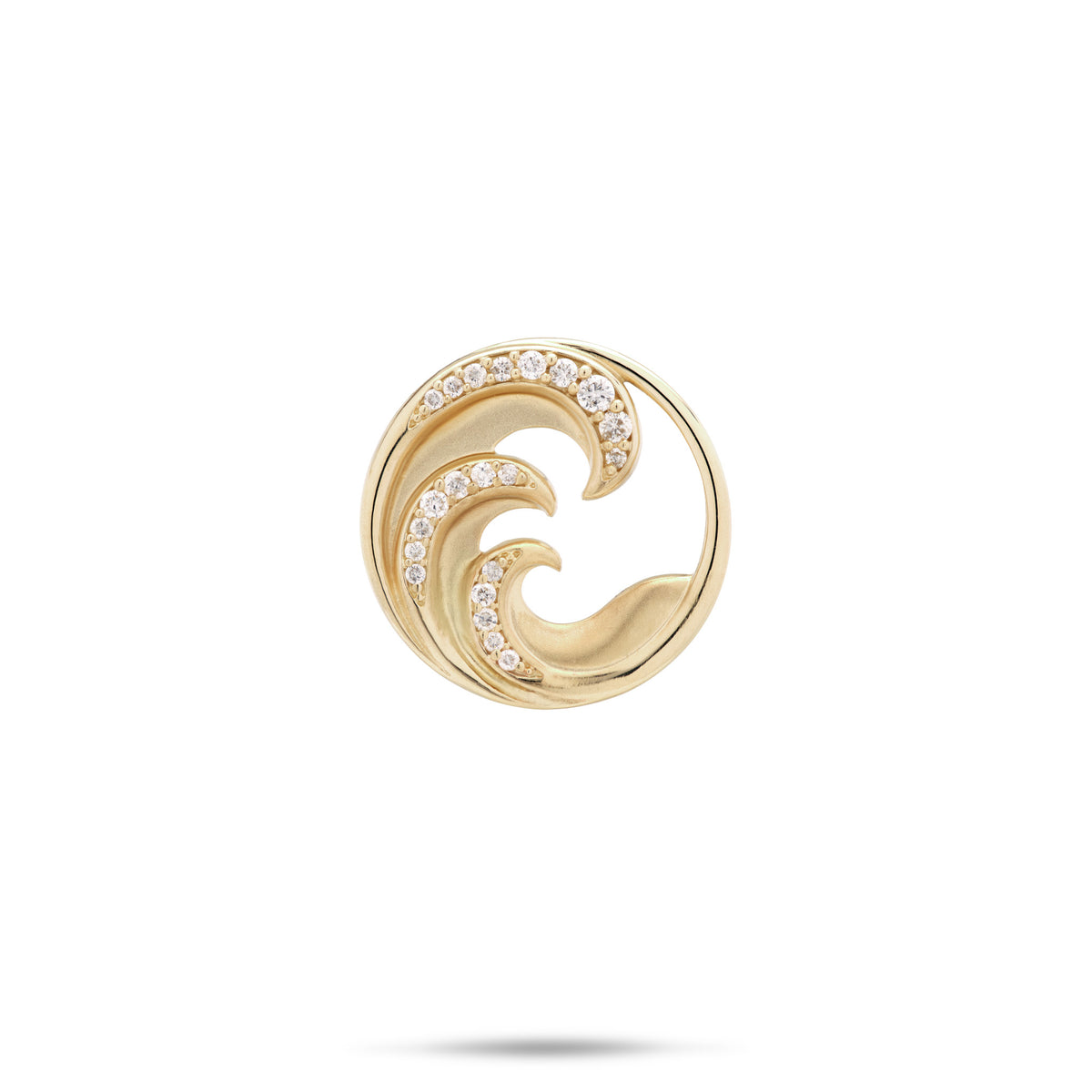 A 18mm round high polish frame pendant in 14k Gold with a Triple Wave design in a satin finish, each wave accented with a row of diamonds, against a white background