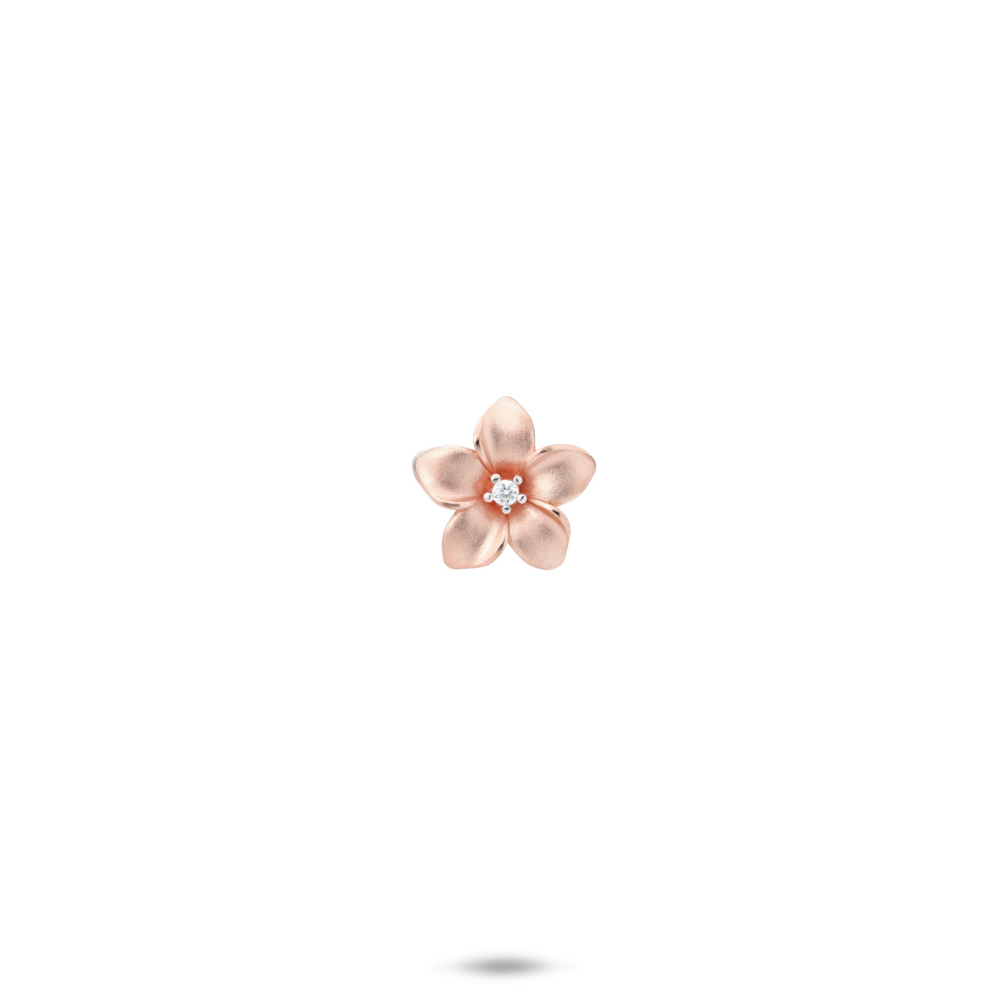 9mm Satin Finish Plumeria Pendant with Diamond Center in 14k Rose Gold on White Background