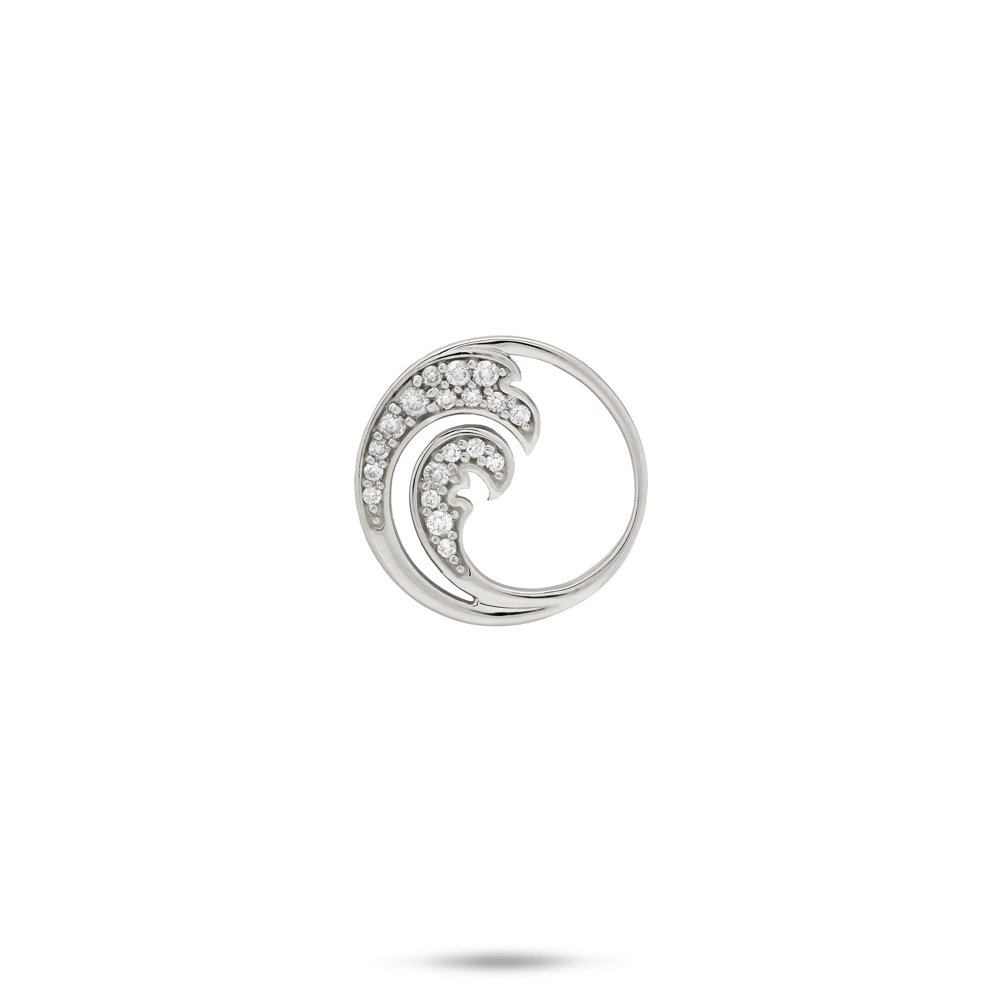 15mm Round, Diamond Ocean Wave Pendant in High-polish 14k White Gold on a white background