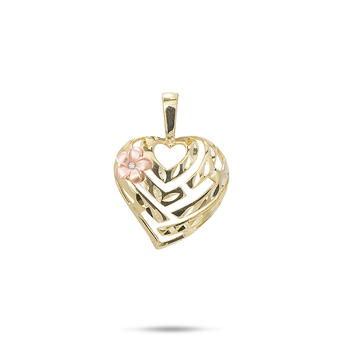 Aloha Heart Plumeria Pendant in Two Tone Gold with Diamond - 18mm