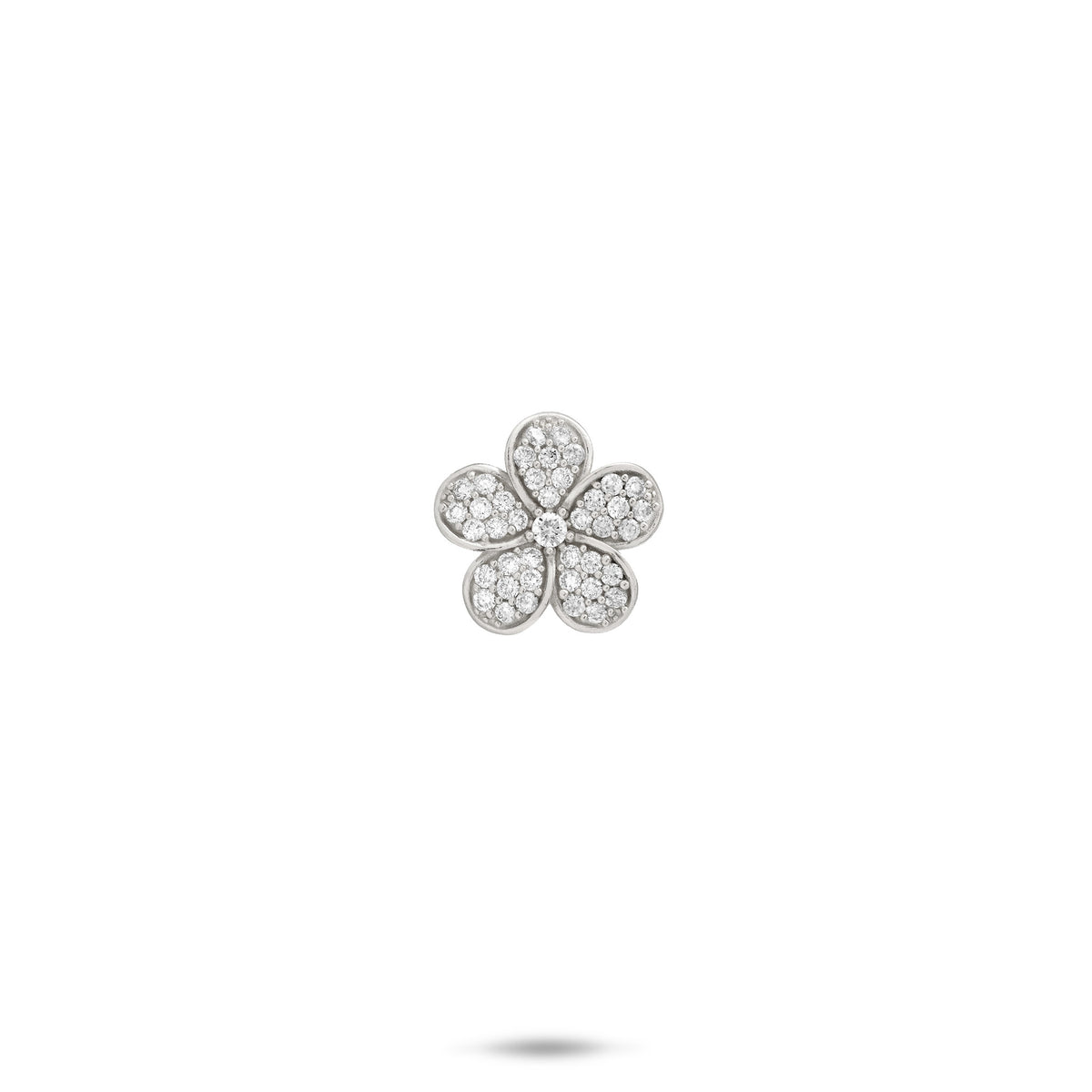 11mm Plumeria Flower Pendant in 14k White Gold with Pave set Diamonds on each of the five petals and larger diamond in center on a white background 