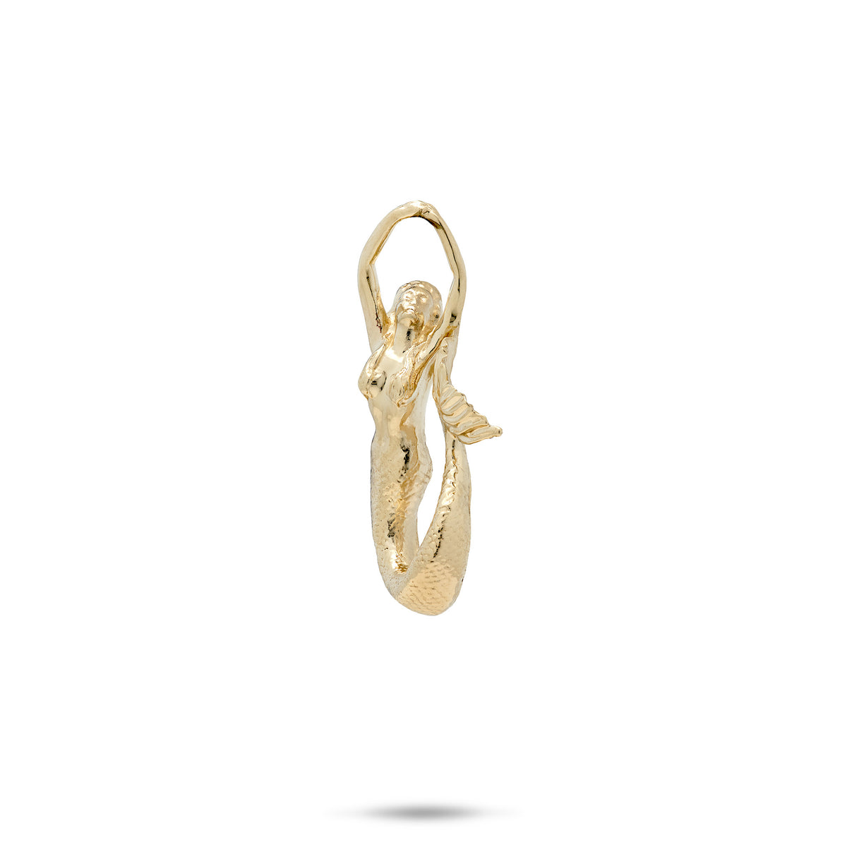 A 14k yellow gold high-polish mermaid pendant with her arms reaching out to form a bail and a tail that curves up to her neck, shown on a white background