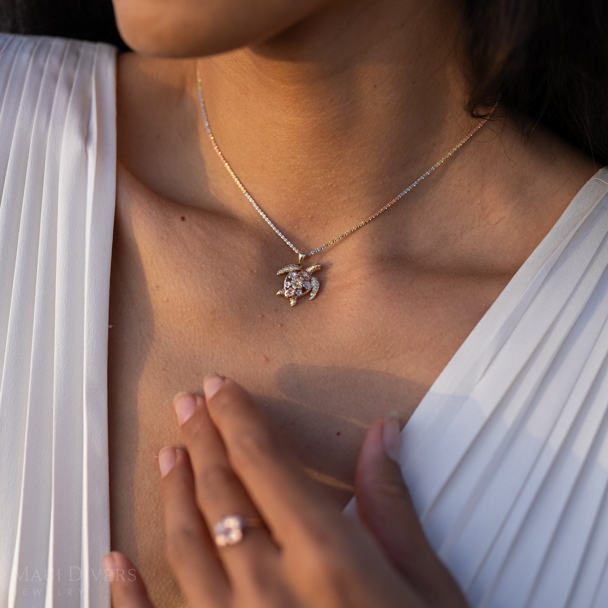 Plumeria Honu (Turtle) Pendant in Tri Color Gold with Diamonds - 21mm