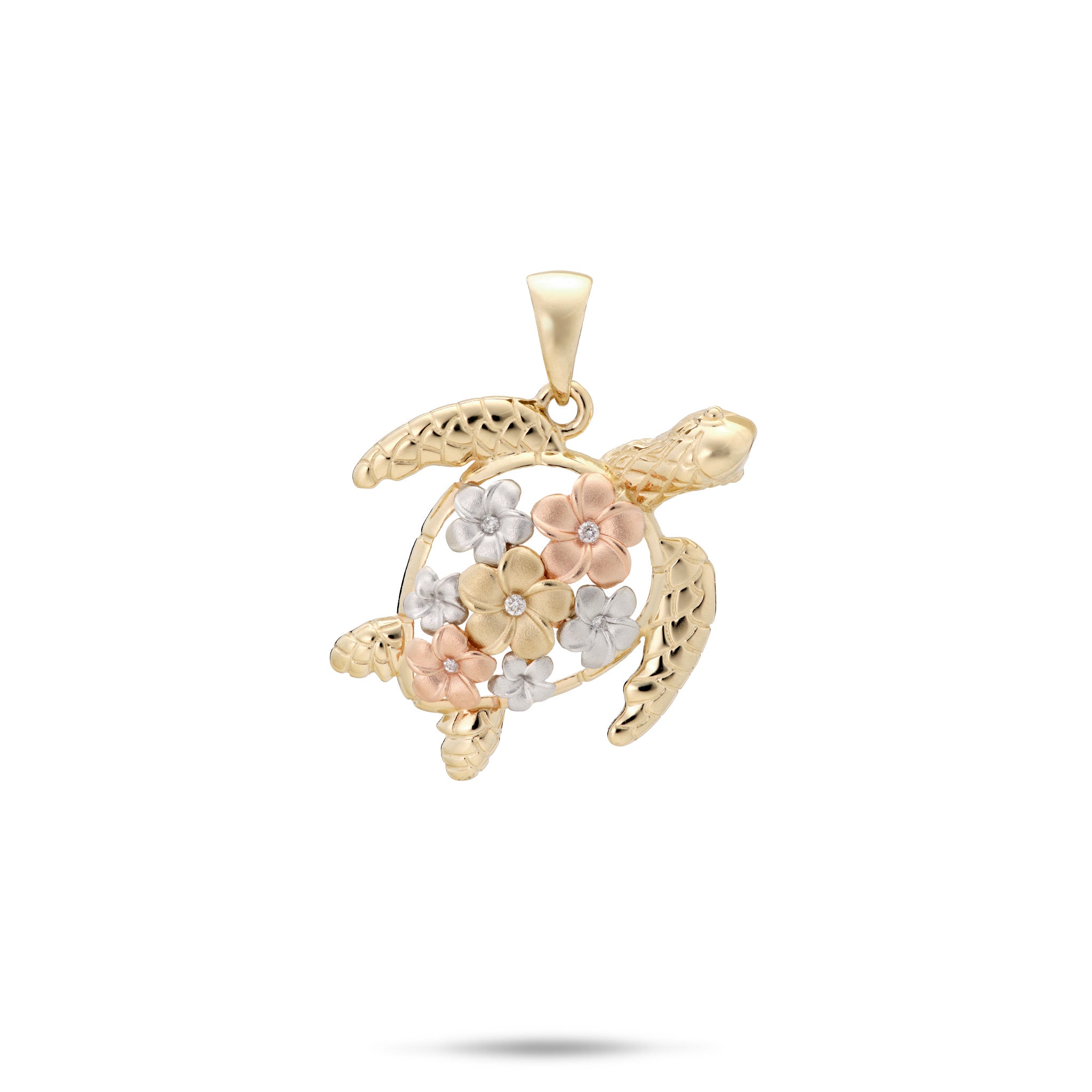 18mm 14k Yellow Gold Honu Pendant with Diamond 14k White, Rose, and Yellow Gold Plumerias on its back 
