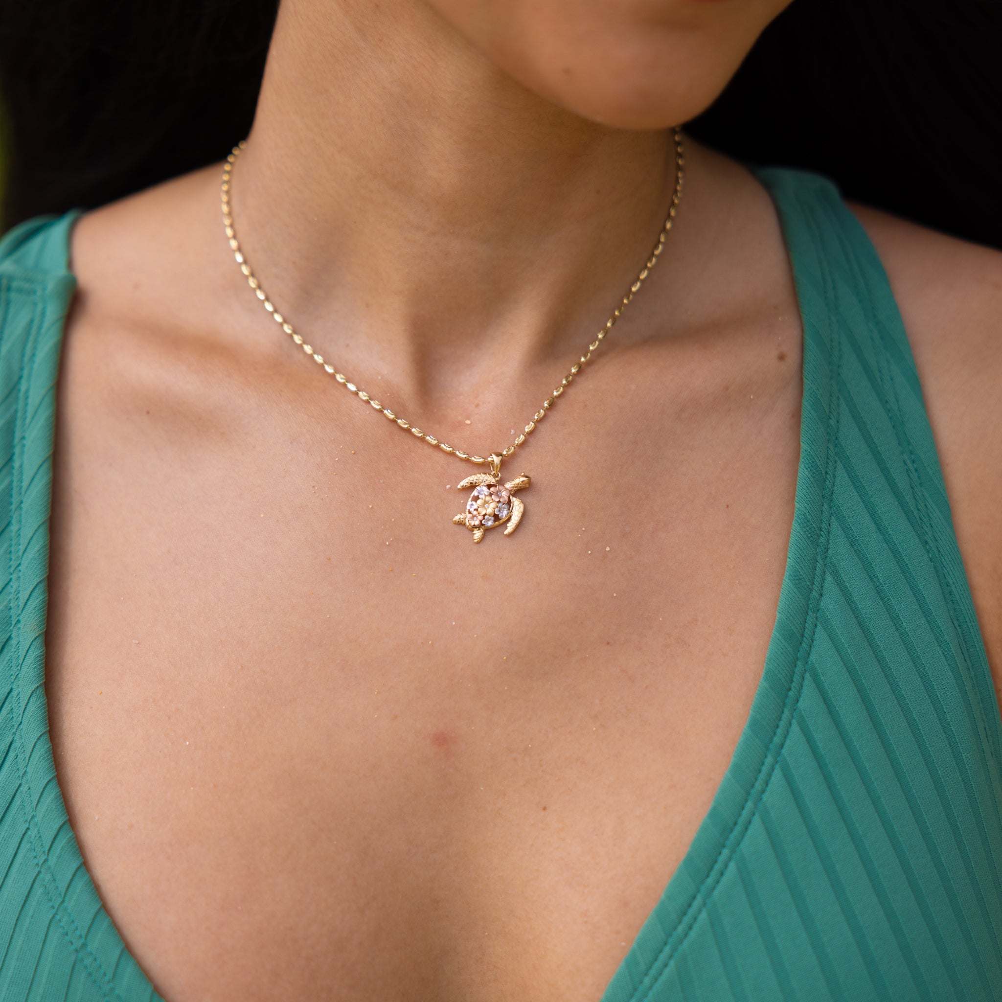 Plumeria Honu (Turtle) Pendant in Tri Color Gold with Diamonds - 21mm