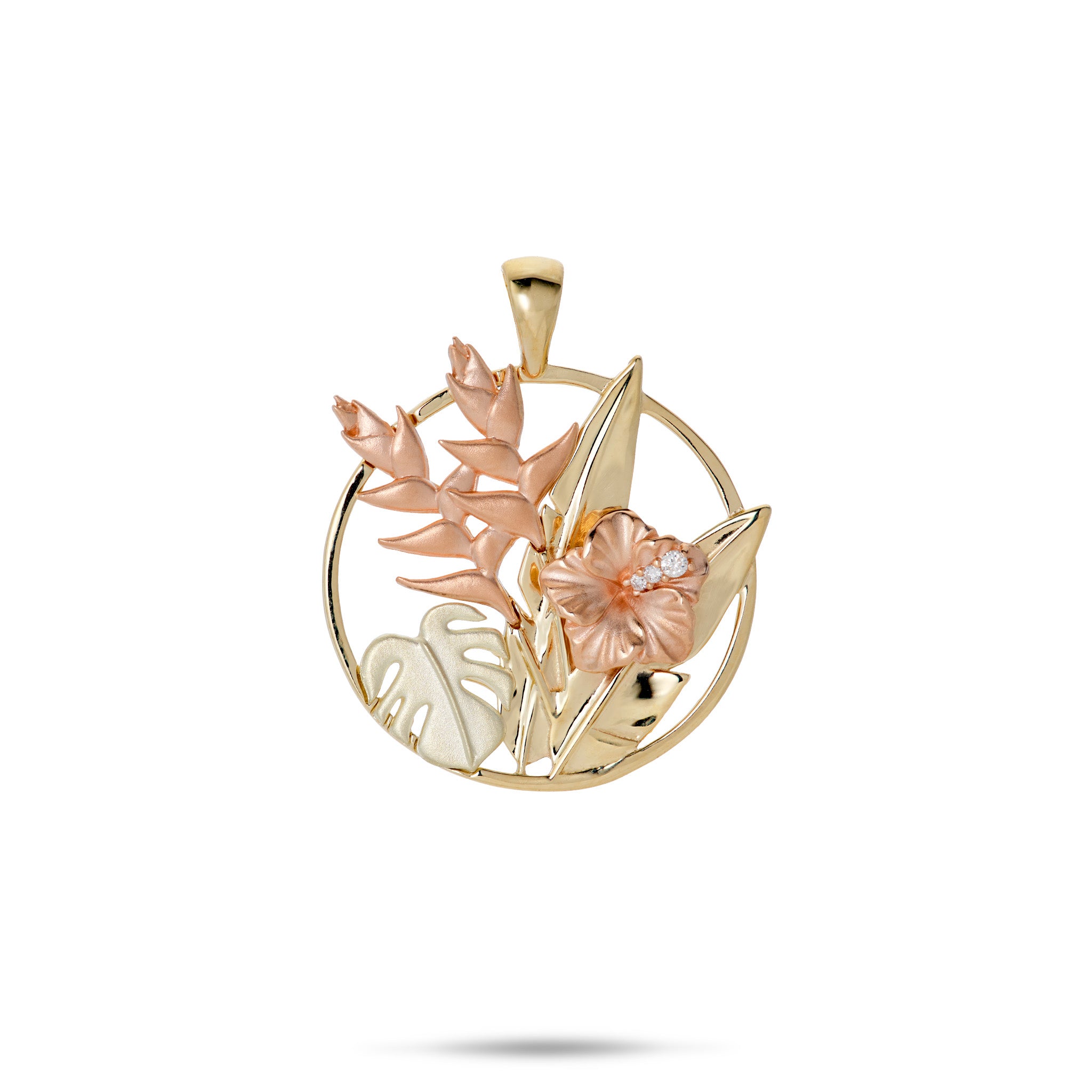 Hawaiian Gardens Hibiscus Pendant in Tri Color Gold with Diamonds - 20mm