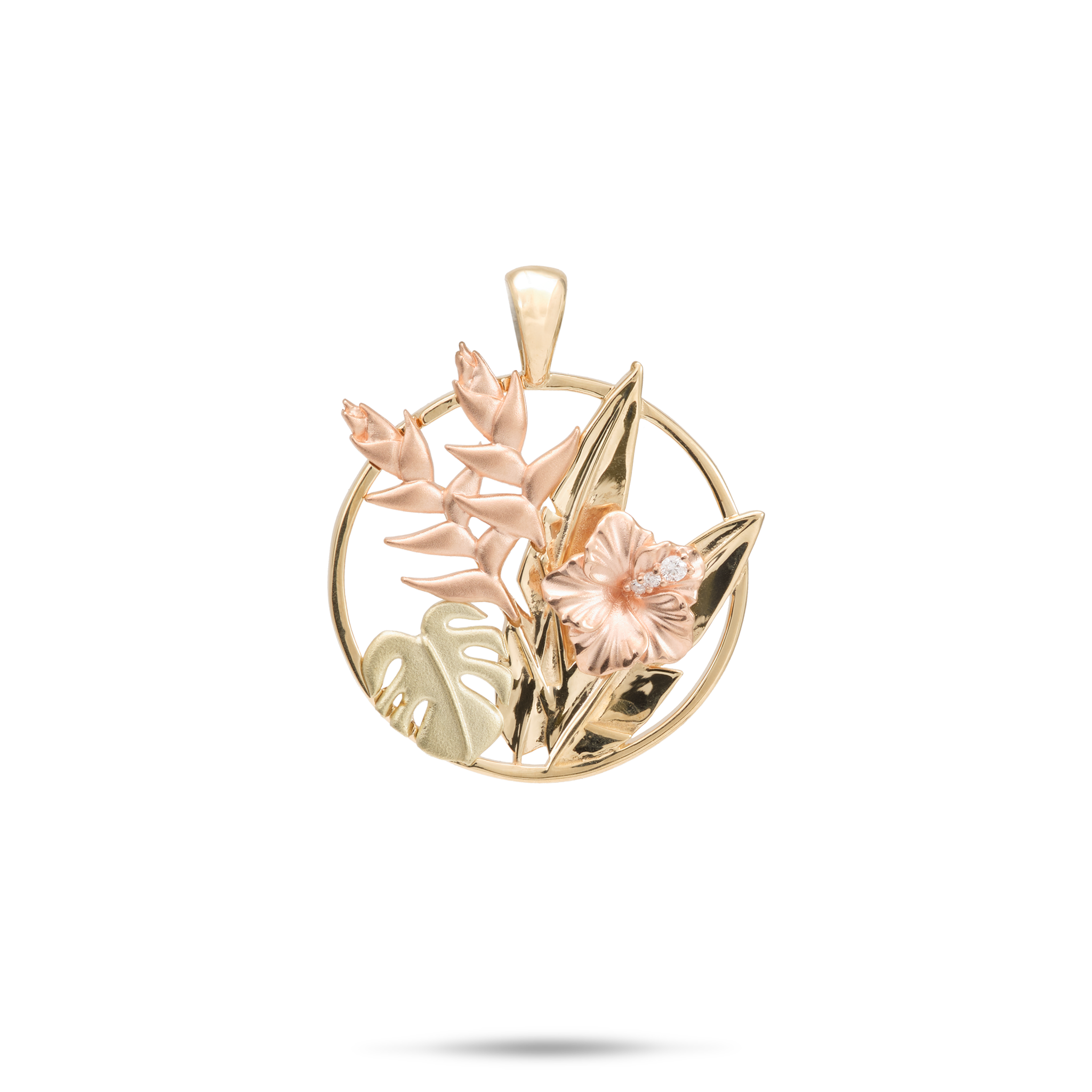 Hawaiian Gardens Hibiscus Pendant in Tri Color Gold with Diamonds - 20mm