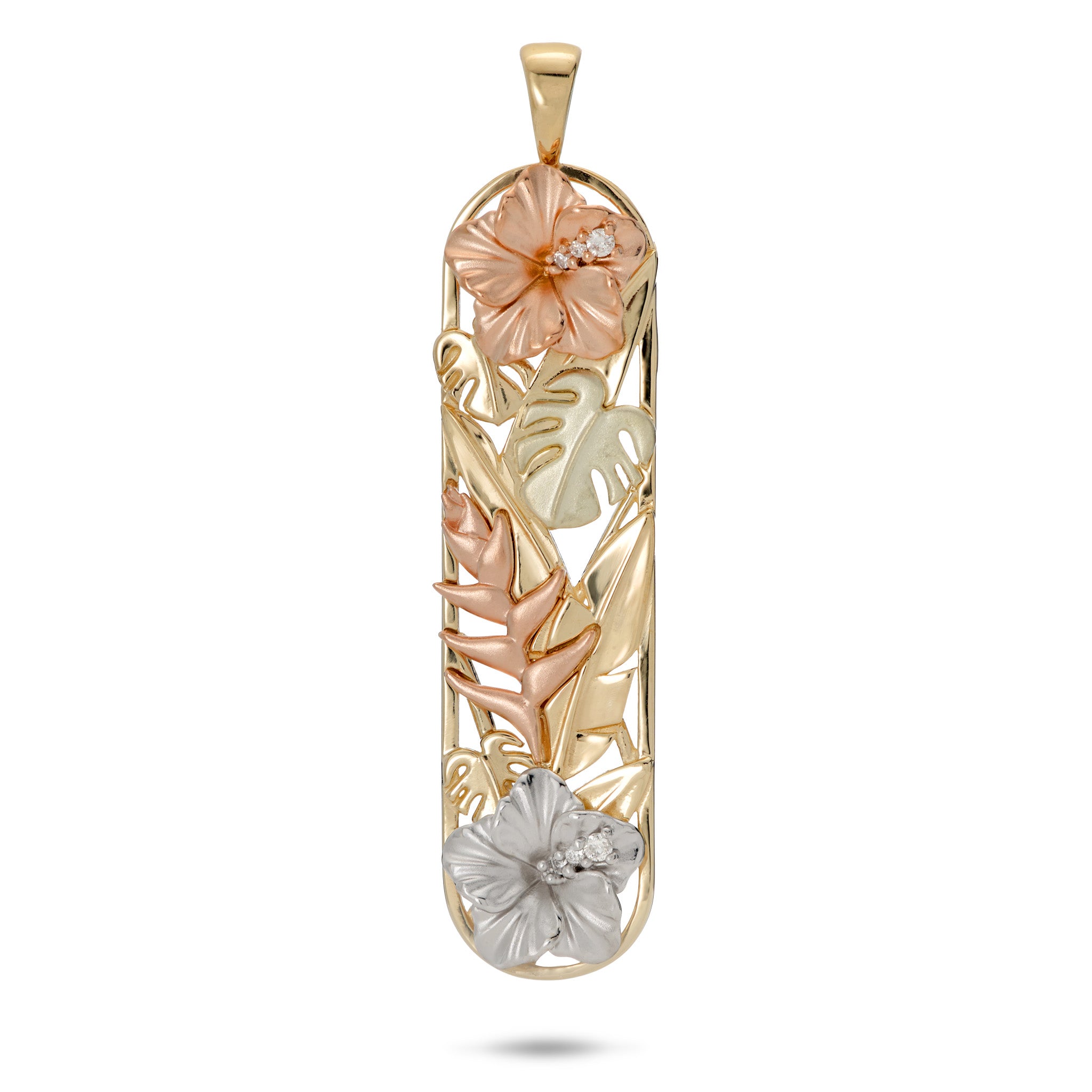 38mm Hawaiian Gardens Hibiscus Pendant in 14k Rose, White, Yellow, and Green Gold with Diamonds