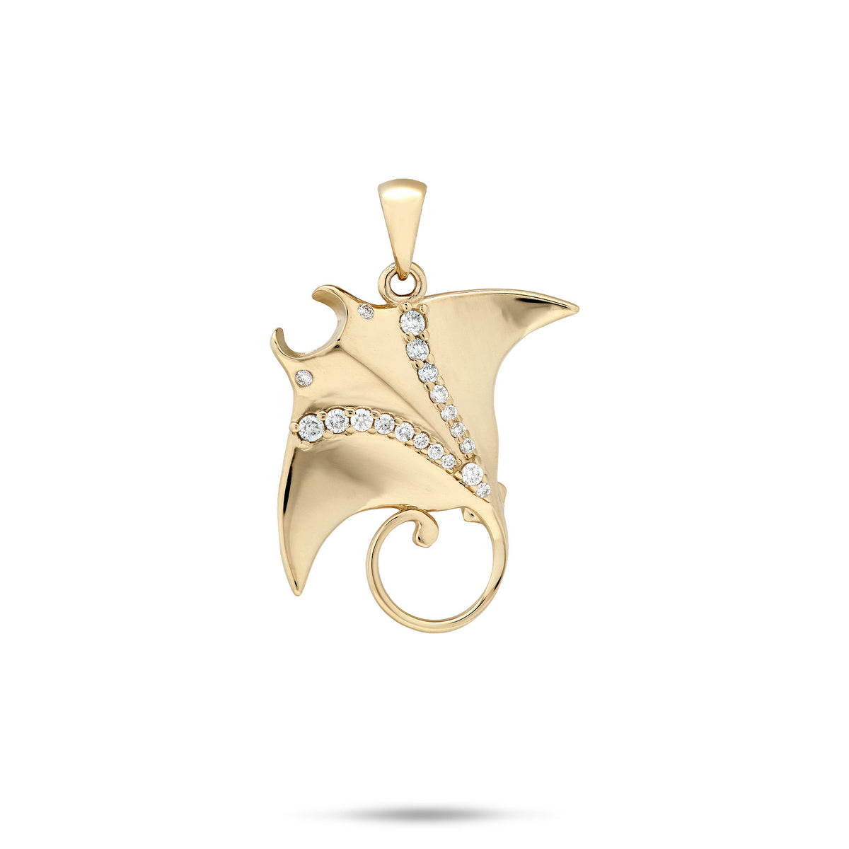 A 14k yellow gold high-polish Manta Ray pendant with diamonds along its back and eyes, shown on a white background