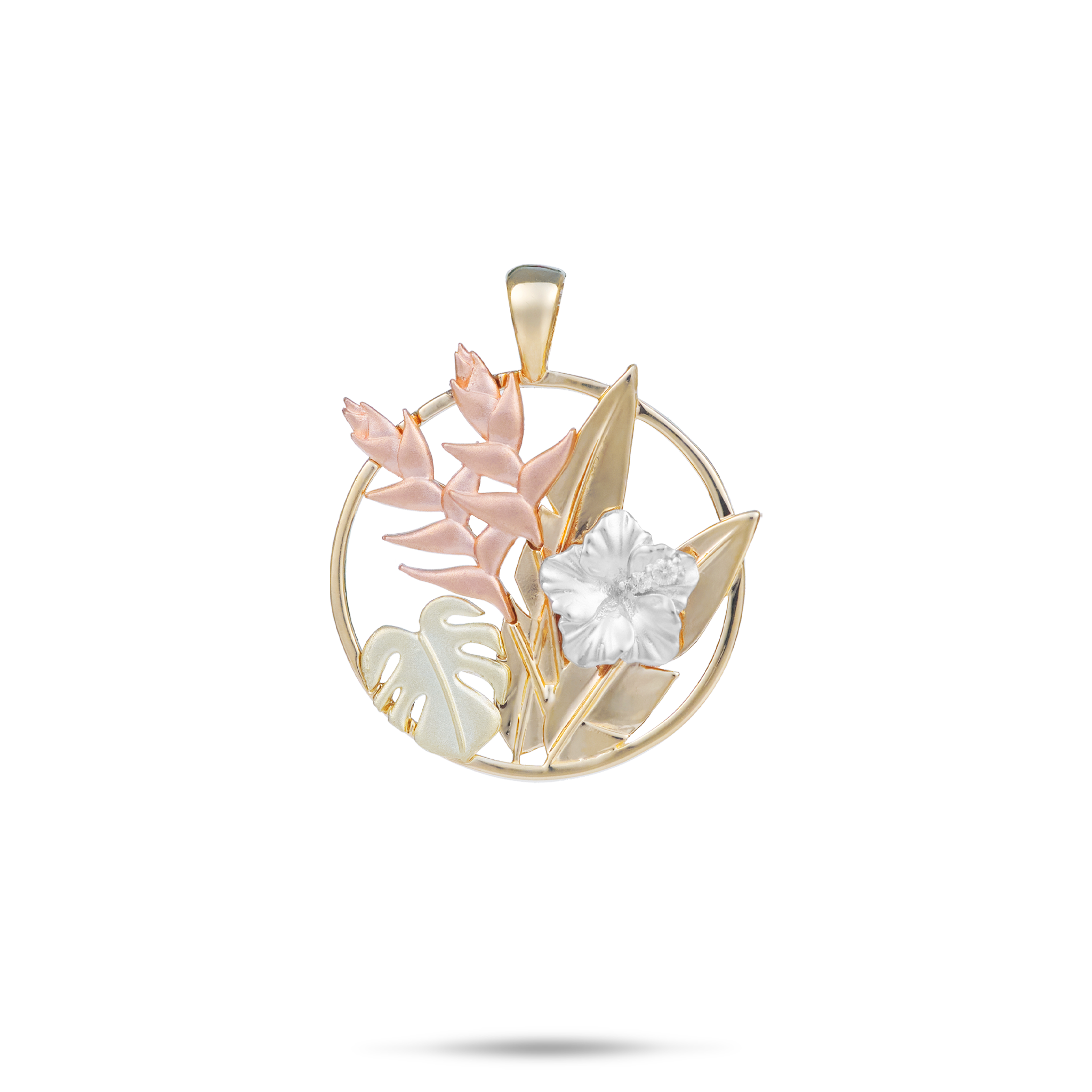 Hawaiian Gardens Hibiscus Pendant in Multi Color Gold with Diamonds - 20mm