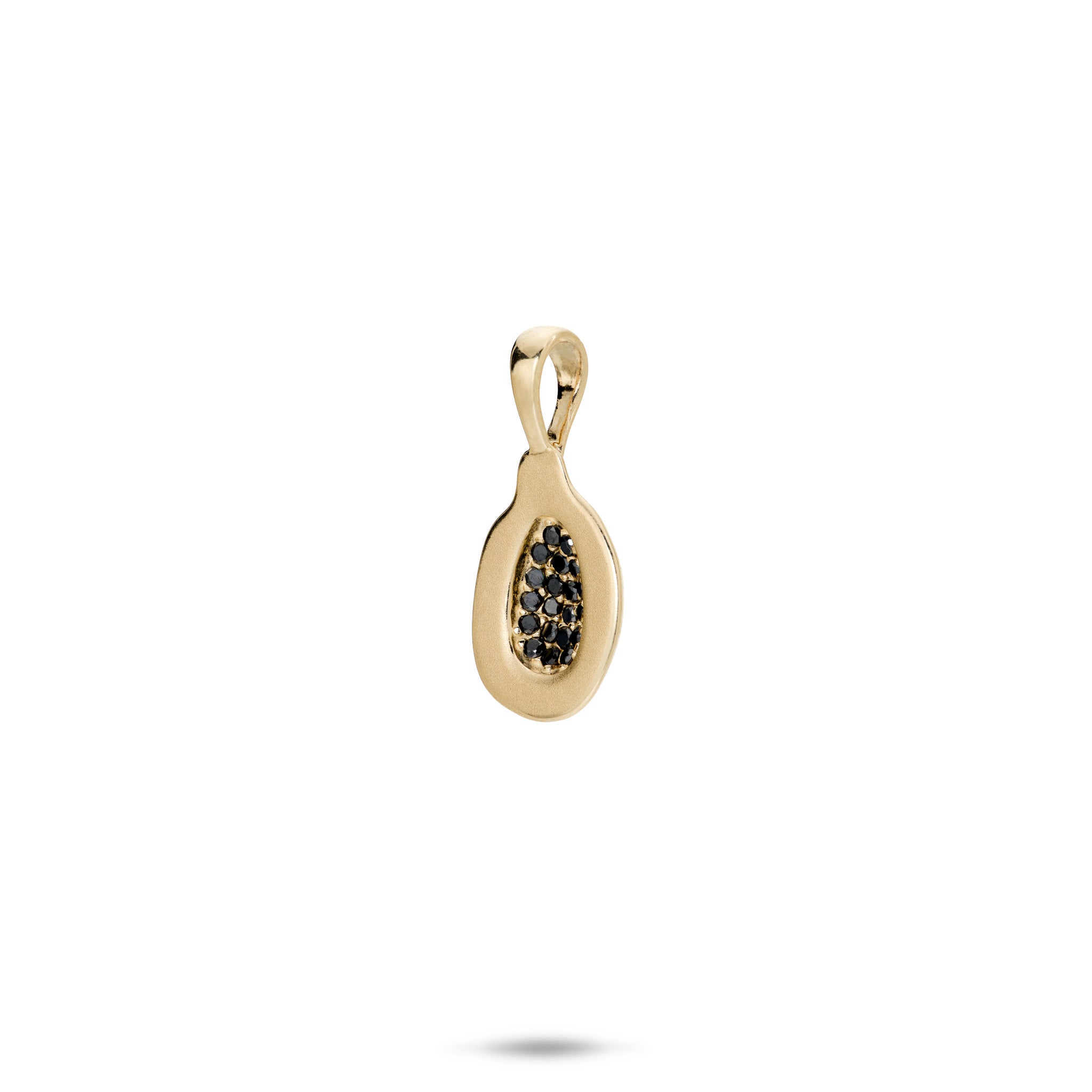 Angled view of the 13mm Cute Fruits Papaya Pendant in 14k Yellow Gold with Black Diamonds on a White Background