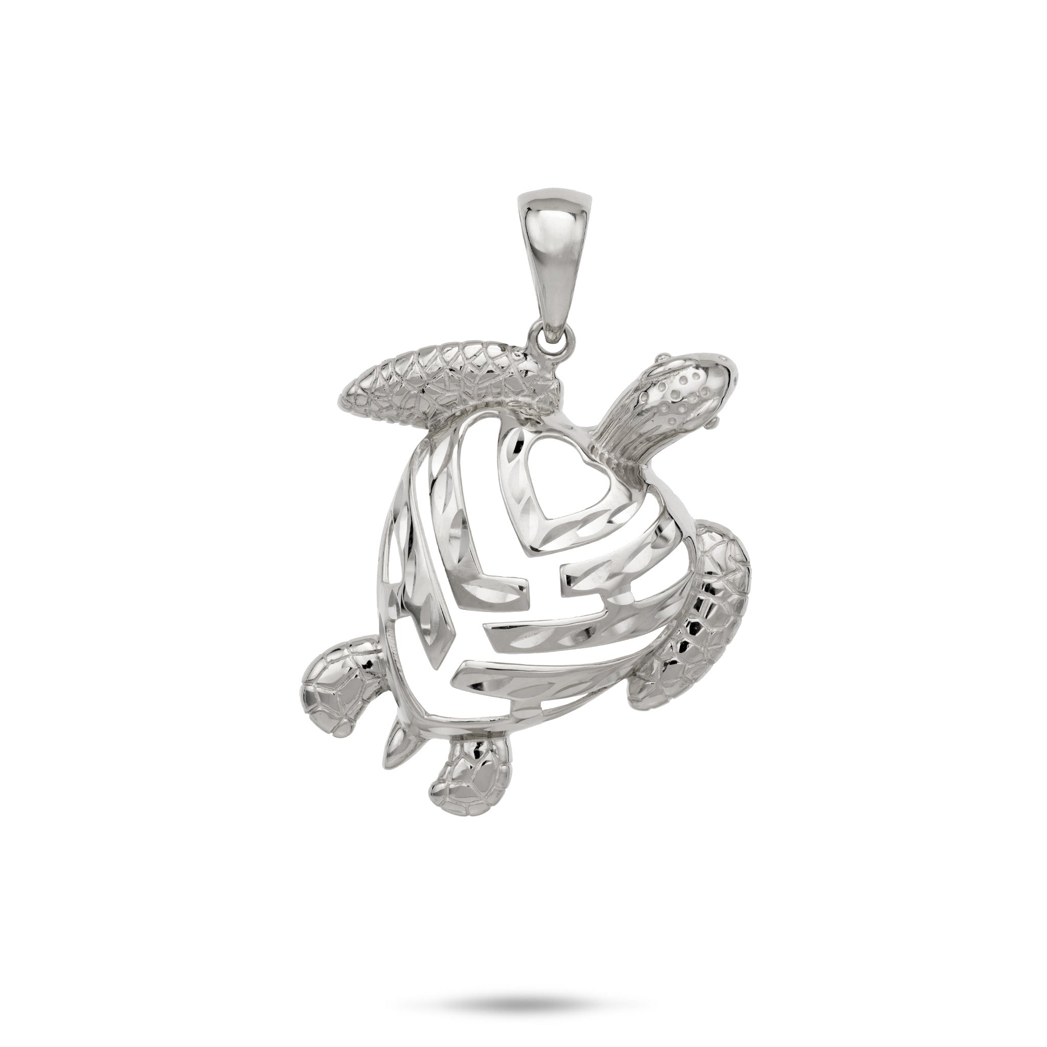 26mm Honu (Sea Turtle) Aloha Heart Pendant in 14k White Gold on white background