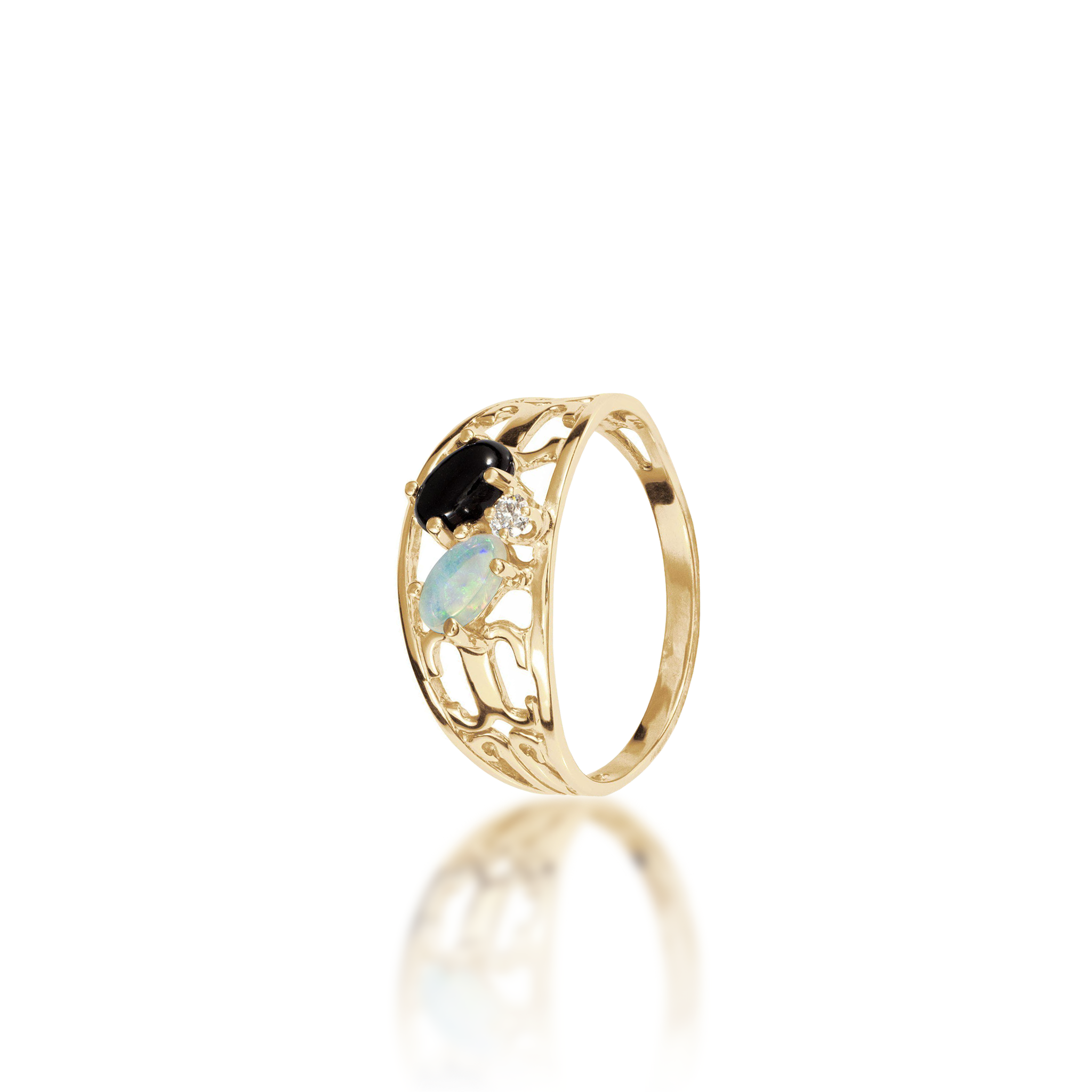 Black Coral Ring in Gold with Opal and Diamond