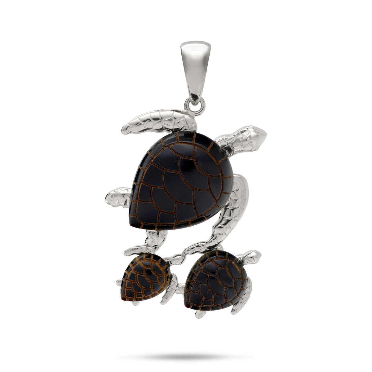 A 14k white gold Hawaiian green sea turtle mother and two babies pendant with etched Hawaiian black coral as the shell and life-like high-polish gold detailing for the head and legs, shown on a white background