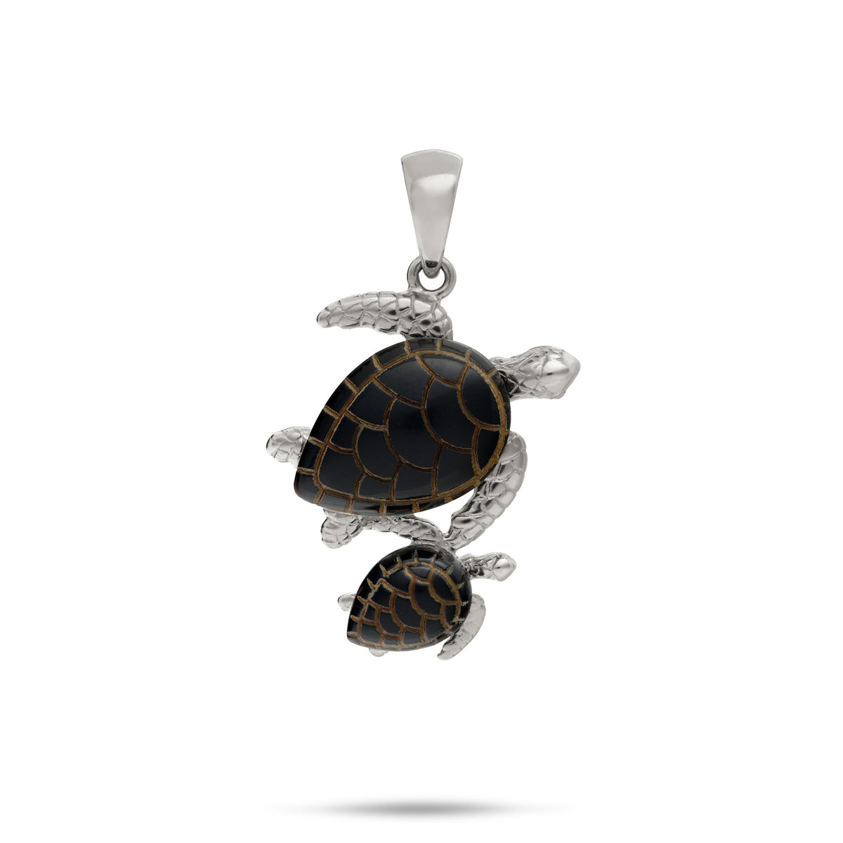 A 14k white gold Hawaiian green sea turtle mother and baby pendant with etched Hawaiian black coral as the shell and life-like high-polish gold detailing for the head and legs, shown on a white background