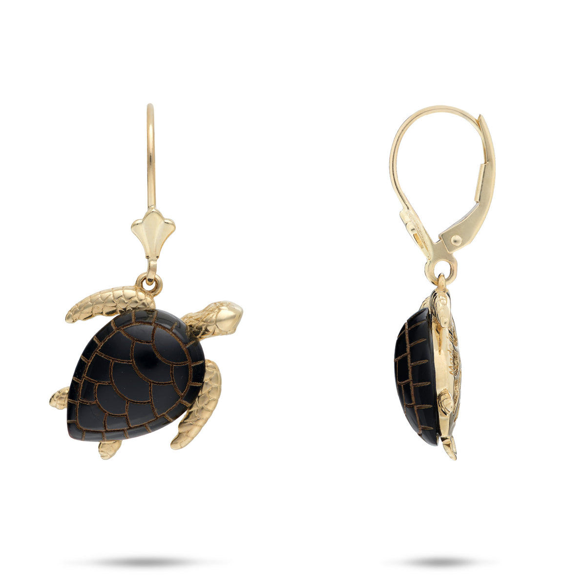 A pair of leverback earrings, one showing the front view and one showing the side view, each with a 14k yellow gold Hawaiian green sea turtles with etched Hawaiian black coral as the shell and life-like high-polish gold detailing for the head and legs, shown on a white background