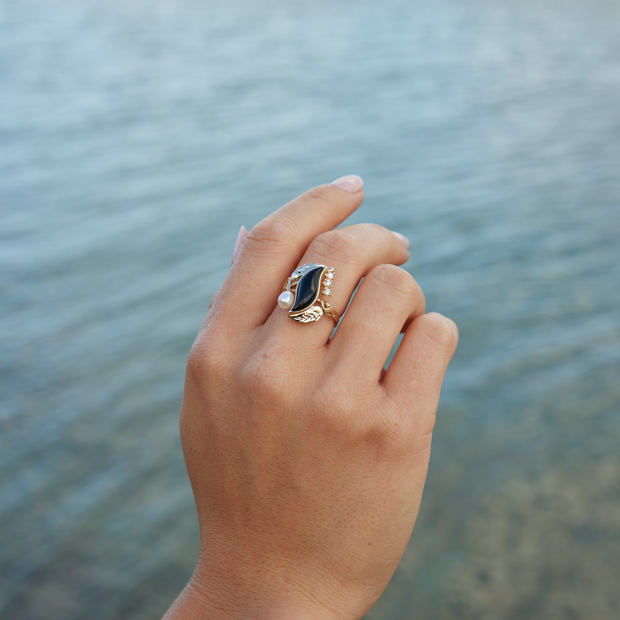 Paradise Black Coral & Pearl Ring in Gold with Diamonds