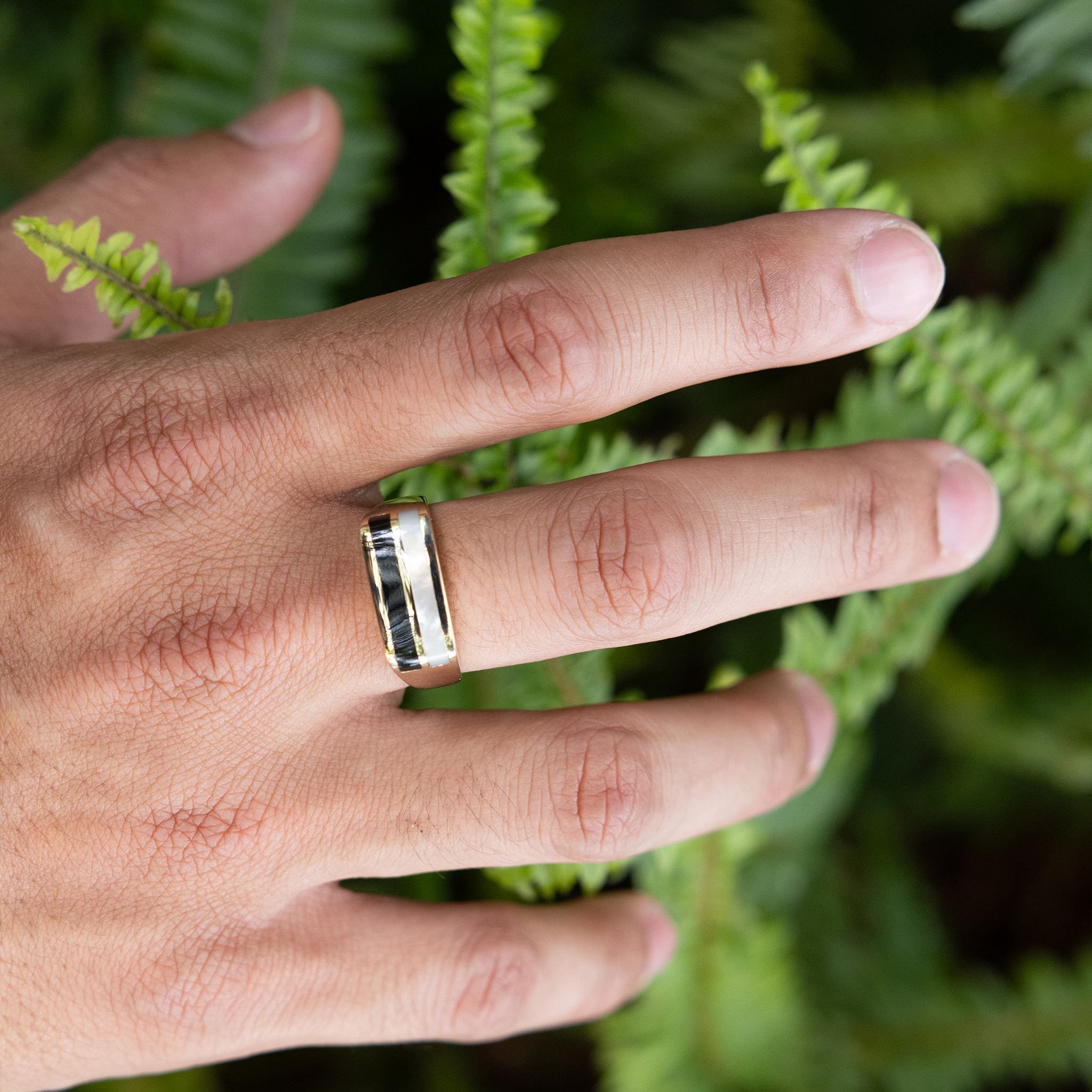 Black Coral Ring in Gold with Mother of Pearl