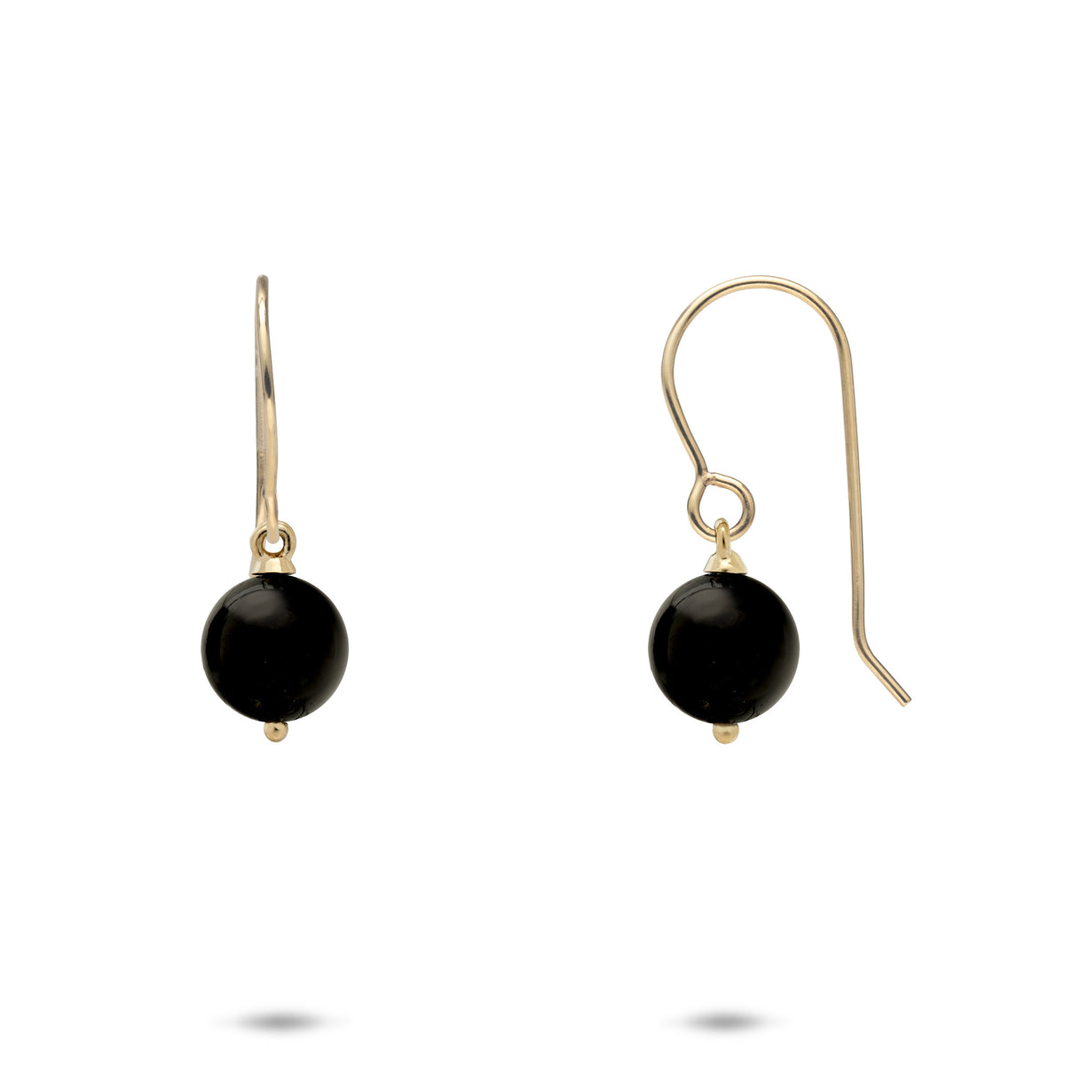 A pair of 7-7.9mm round Hawaiian Black Coral Earrings with shepard hooks in 14k gold, on a white background