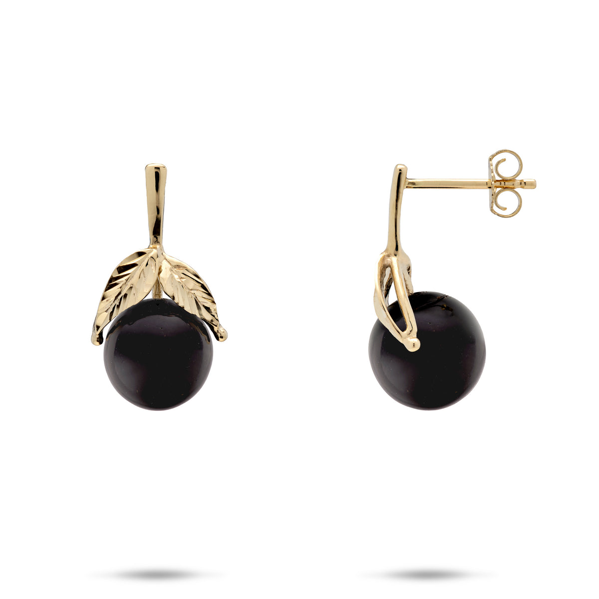 A pair of Maile leaves post earrings in 14k gold, one showing the front view and the other showing the side view, both set with a 9-10mm round Hawaiian black coral bead, placed on a white background